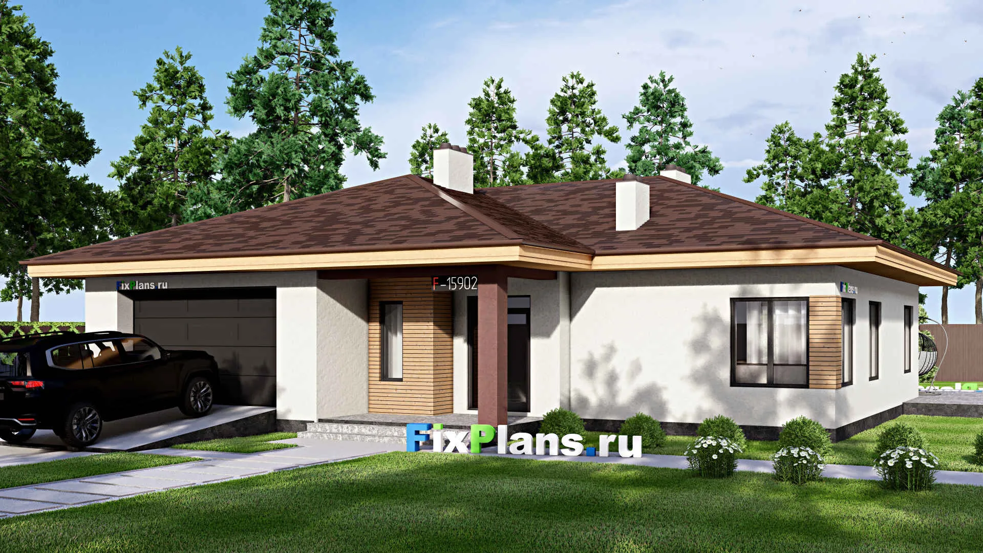 F-15902 - Проект одноэтажного дома 19 на 19, площадью 250 м² с террасой, гаражом на 1 машину и 3 спальнями