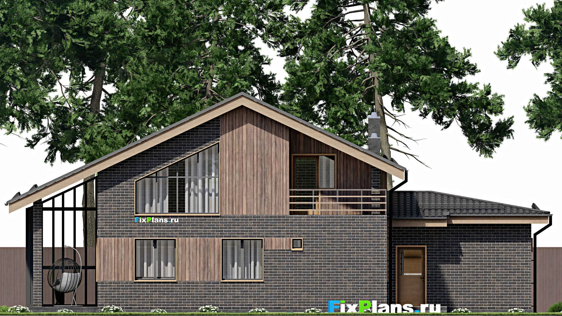 F-4625 - Планы дома с мансардой 13 на 18, площадью 230 м² с террасой, балконом, баней, гаражом на 1 машину и 3 спальнями