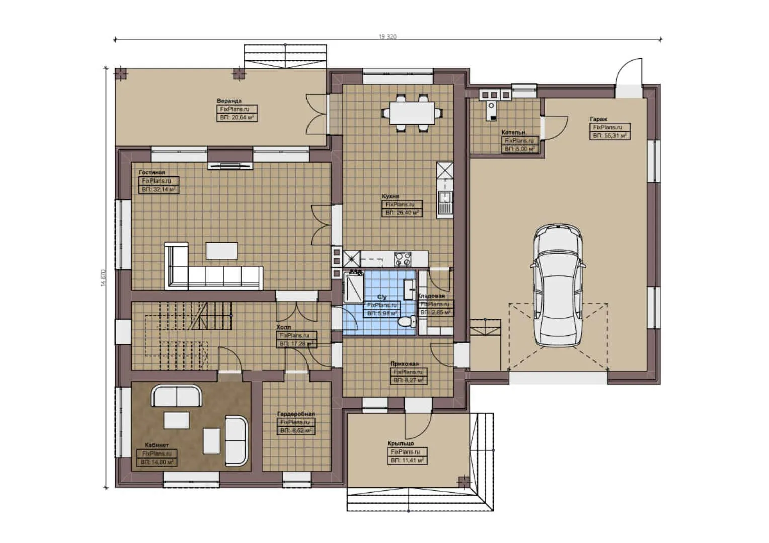 F-1331 - Планы двухэтажного дома 15 на 20, площадью 540 м² с террасой, гаражом на 2 машины и 8 спальнями