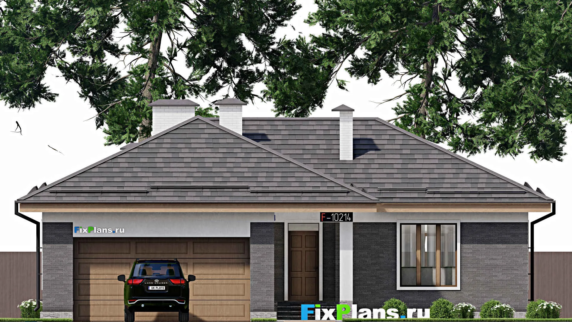 F-10214 - Проект одноэтажного дома 15 на 20, площадью 200 м² с террасой, гаражом на 2 машины и 3 спальнями