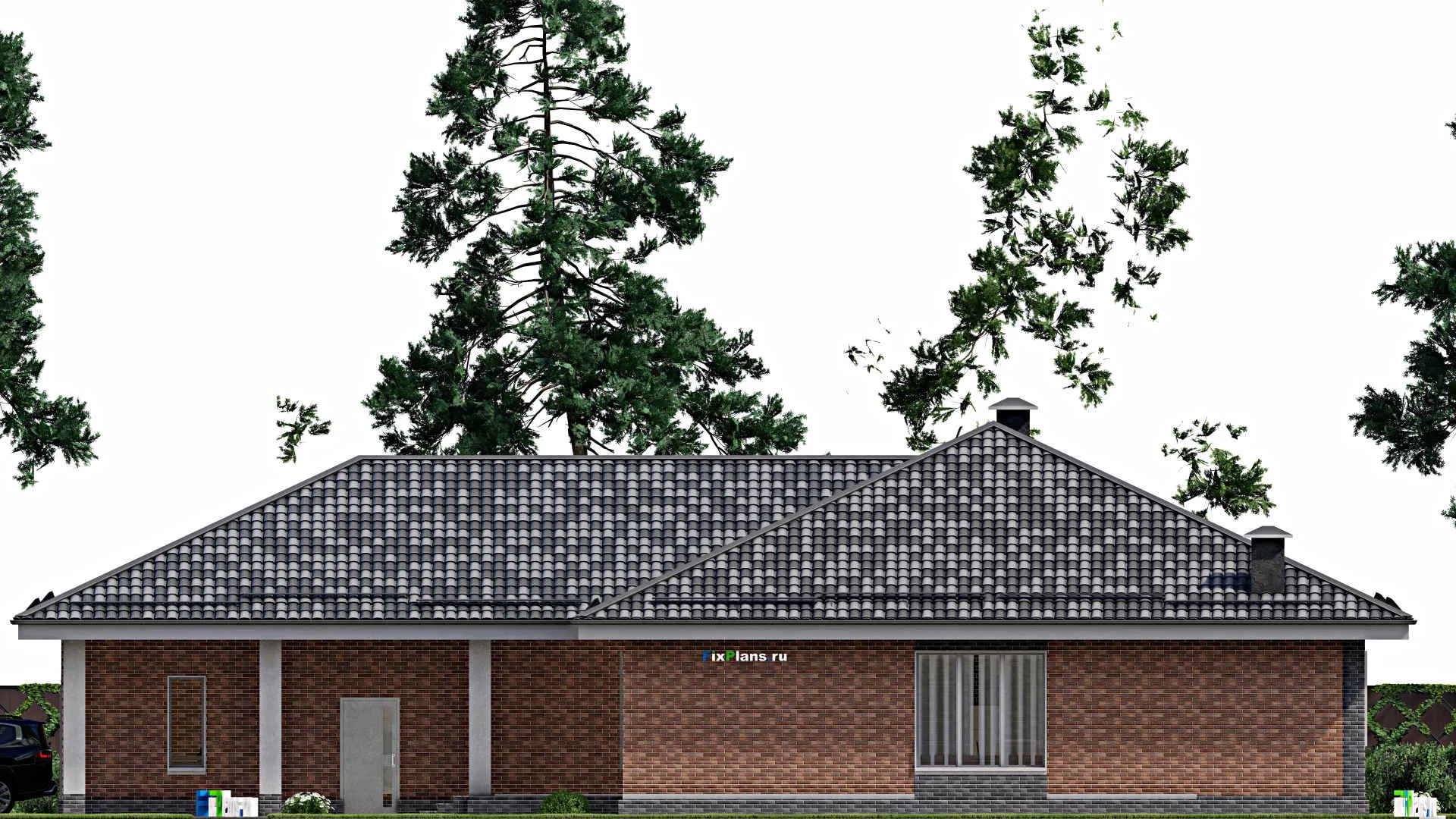 F-5849 - План одноэтажного дома 16 на 24, площадью 250 м² с террасой, гаражом на 2 машины и 3 спальнями