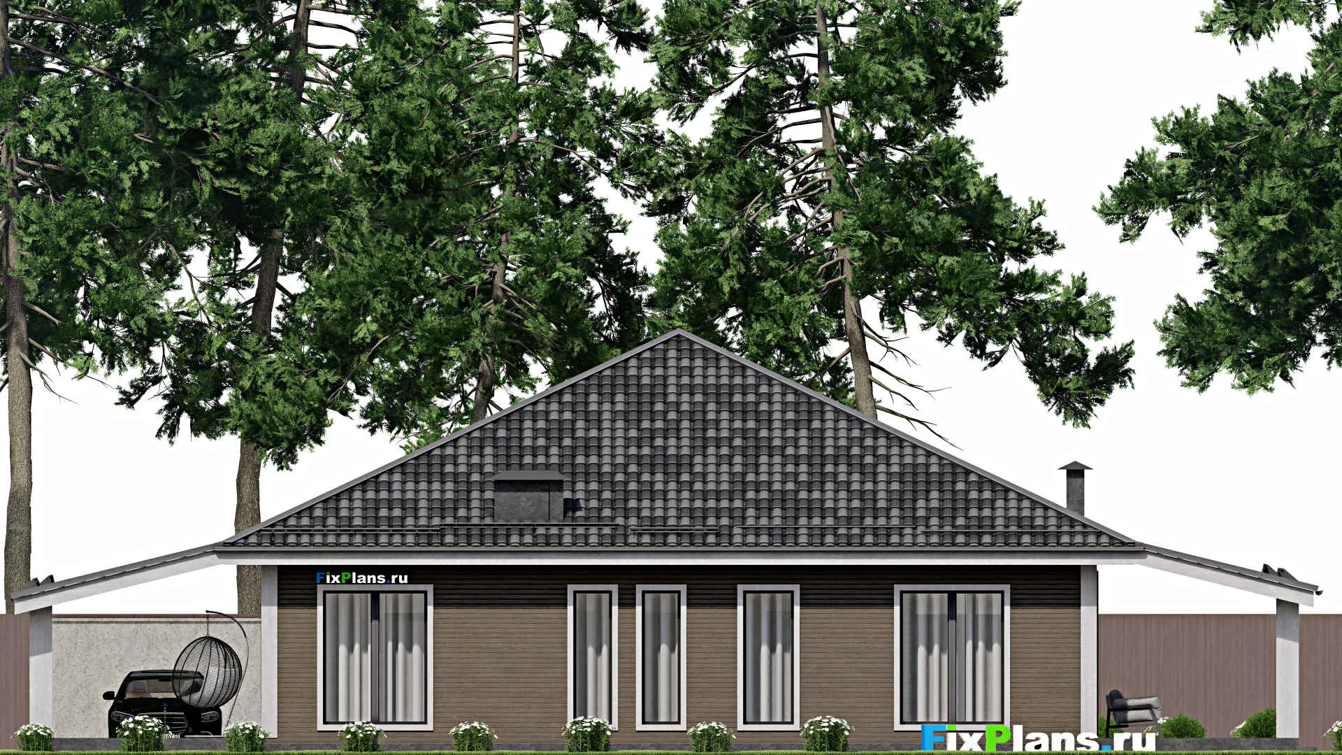 F-6839 - План одноэтажного дома 14 на 14, площадью 270 м² с террасой и 3 спальнями