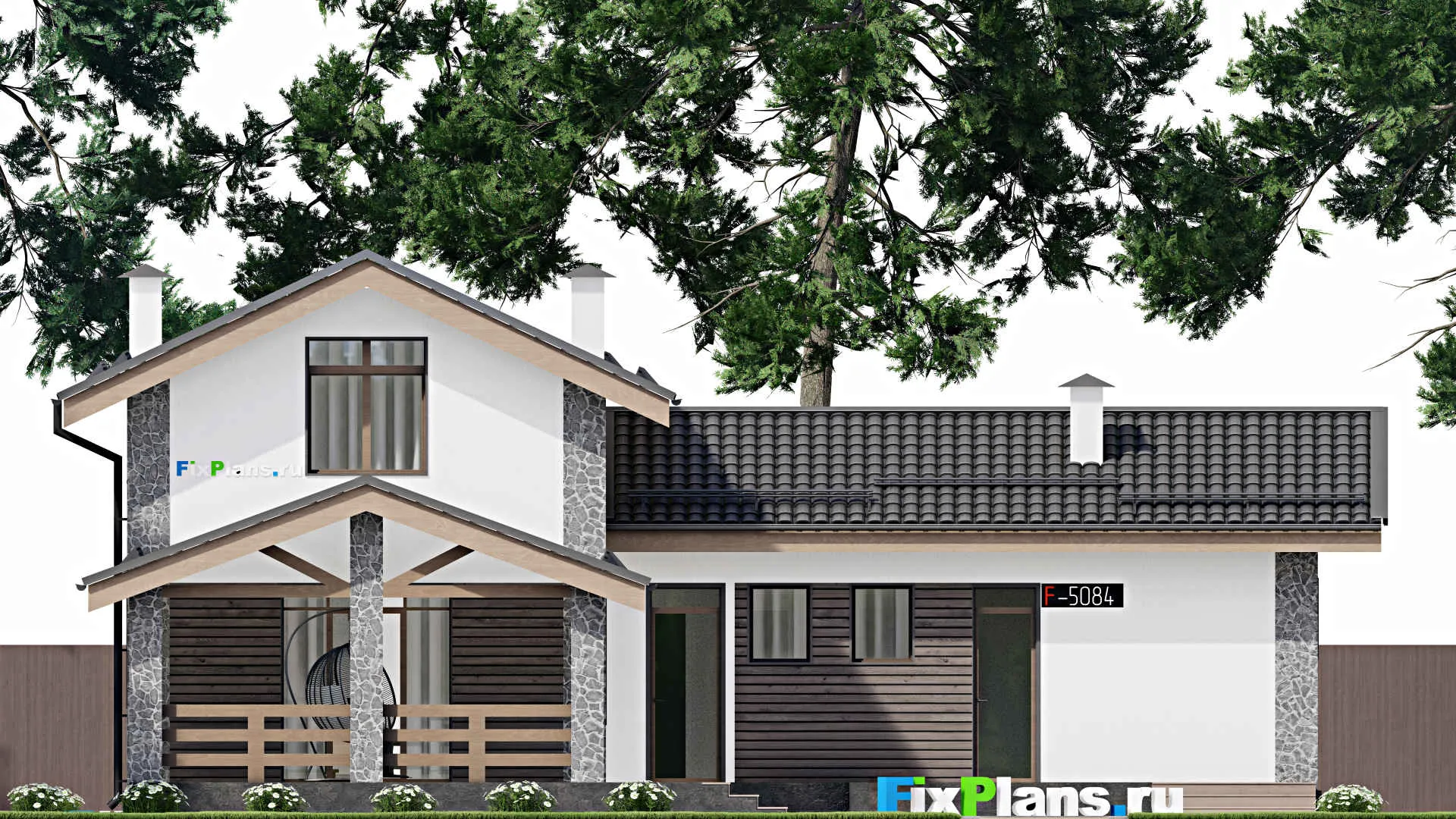 F-5084 - Планы дома с мансардой 10 на 15, площадью 170 м² с террасой, баней и 2 спальнями