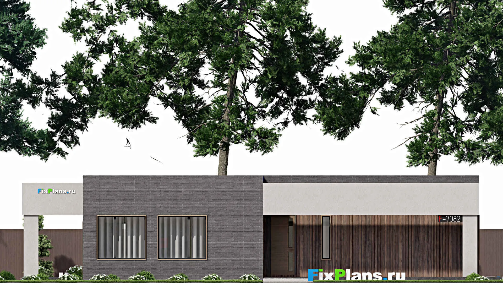 F-7082 - План одноэтажного дома 17 на 21, площадью 280 м² с террасой и 4 спальнями