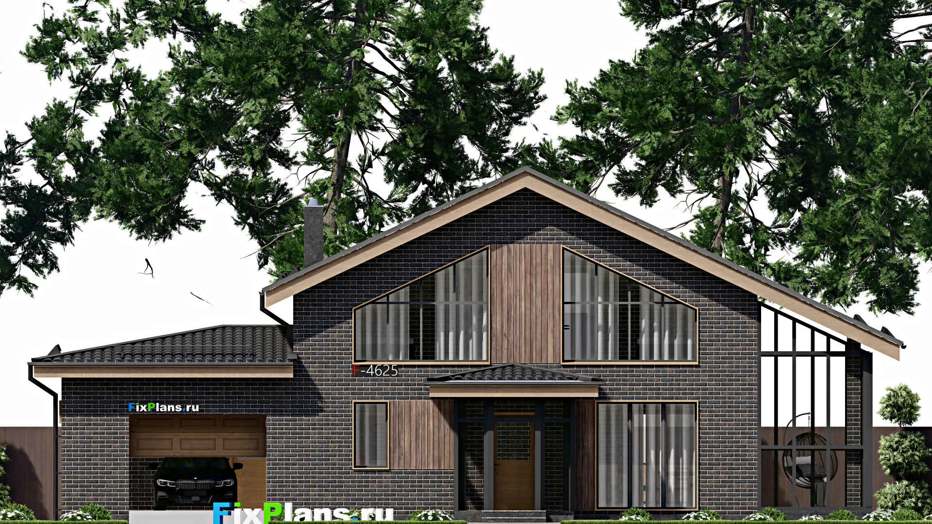 F-4625 - Планы дома с мансардой 13 на 18, площадью 230 м² с террасой, балконом, баней, гаражом на 1 машину и 3 спальнями