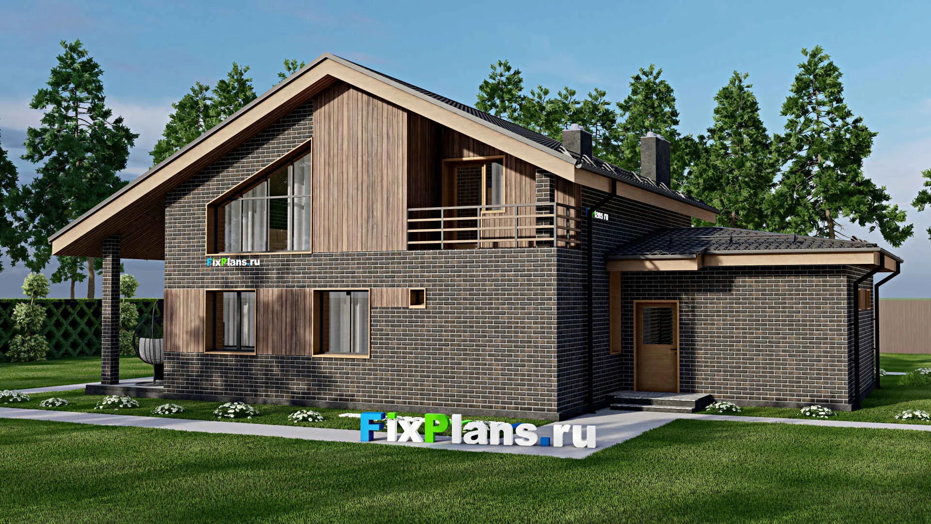 F-4625 - Планы дома с мансардой 13 на 18, площадью 230 м² с террасой, балконом, баней, гаражом на 1 машину и 3 спальнями