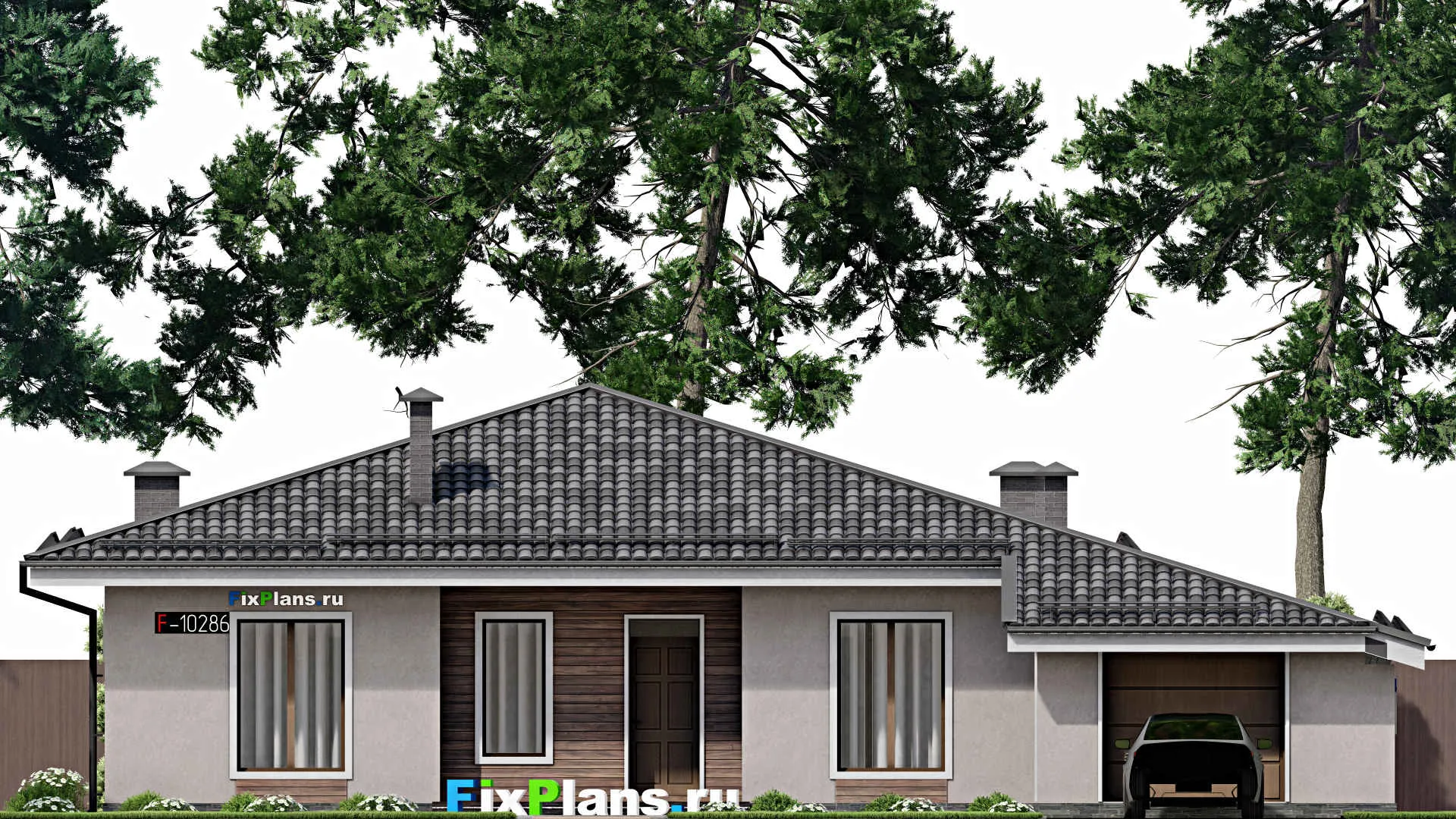 F-10286 - План одноэтажного дома 18 на 20, площадью 190 м² с террасой, гаражом на 1 машину и 4 спальнями