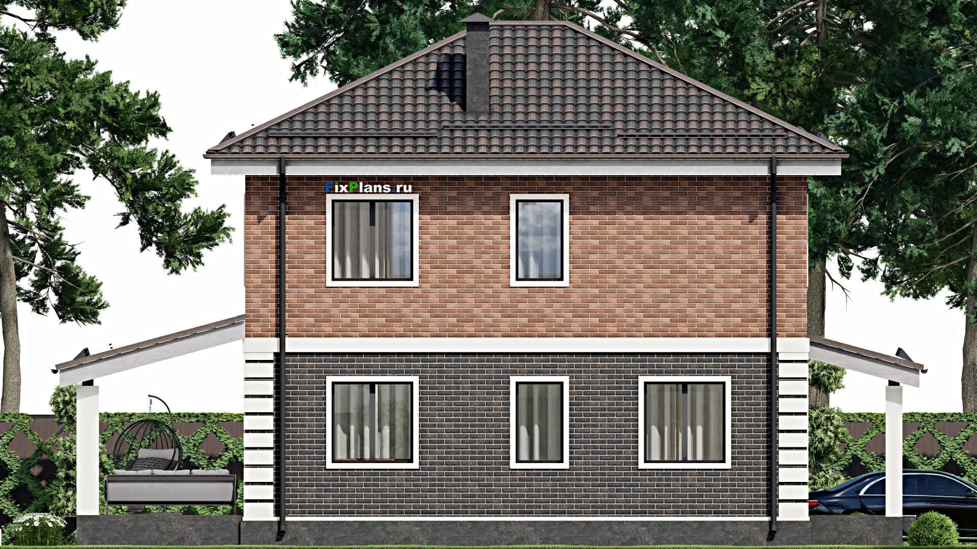 F-6191 - Проект двухэтажного дома 9 на 10, площадью 210 м² с террасой, цокольным этажом и 3 спальнями