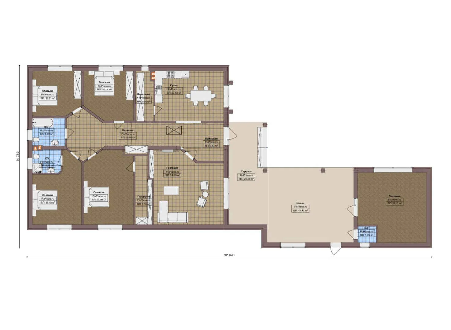 F-18746 - План одноэтажного дома 15 на 33, площадью 280 м² с террасой и 4 спальнями