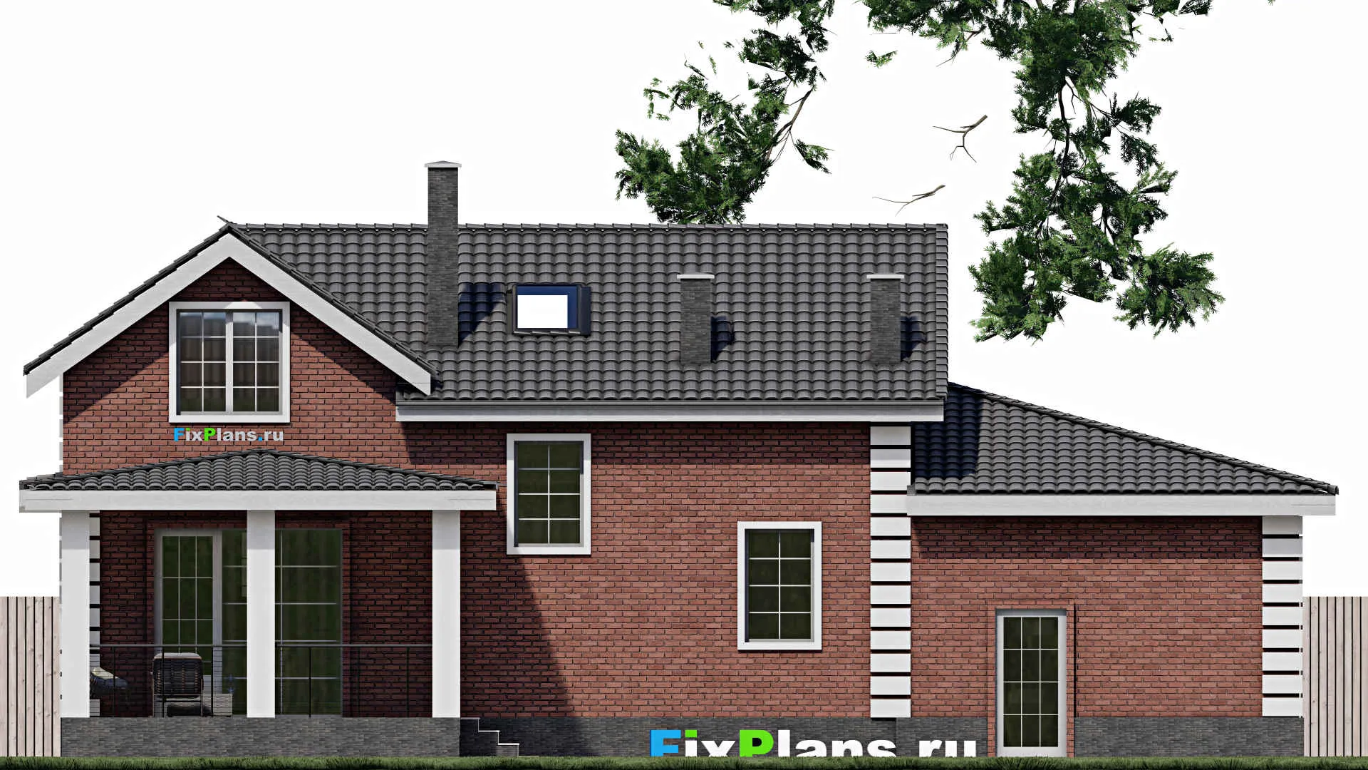 F-1034 - Планы дома с мансардой 12 на 17, площадью 240 м² с террасой, гаражом на 2 машины и 3 спальнями