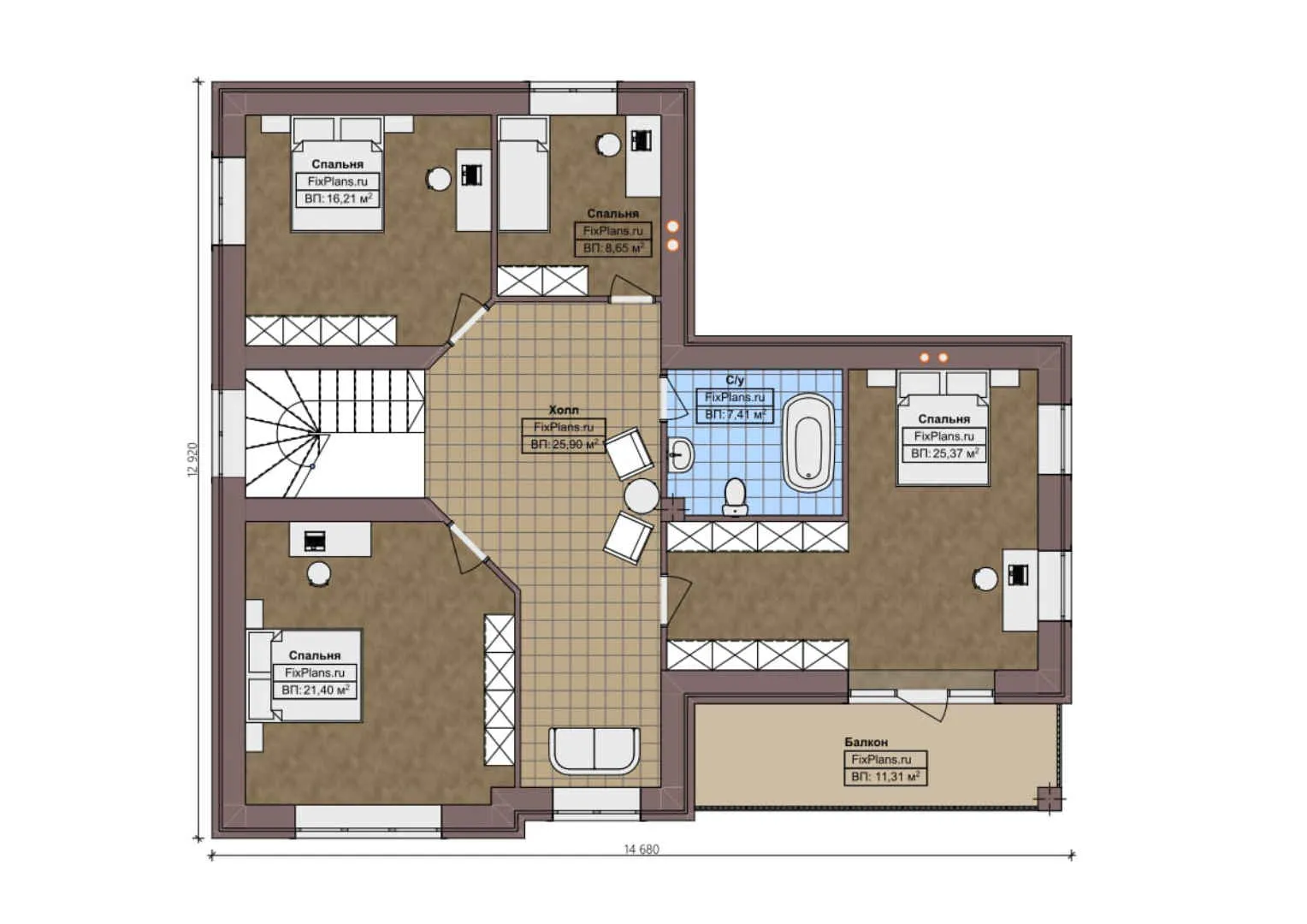 F-0620 - Планы двухэтажного дома 13 на 15, площадью 270 м² с террасой, балконом, гаражом на 1 машину и 4 спальнями