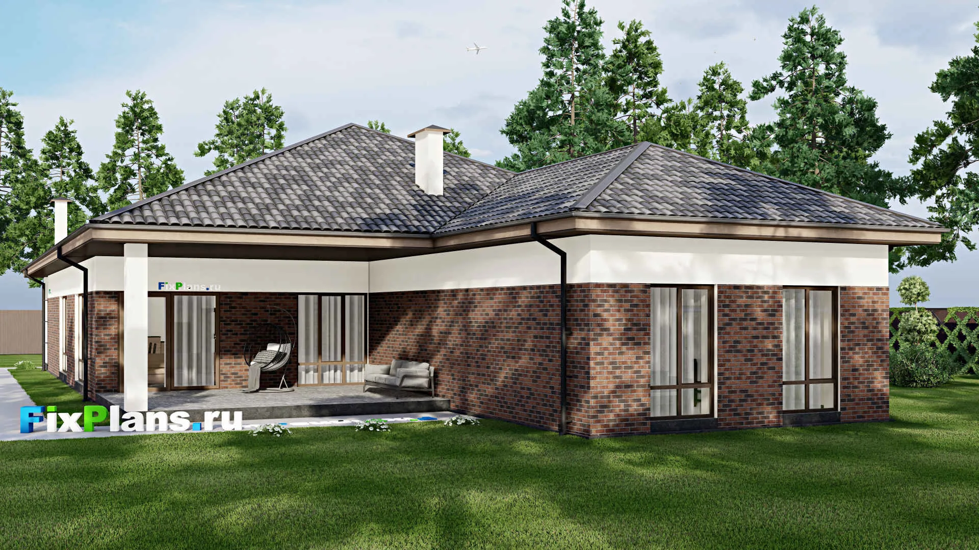 F-6506 - Проект одноэтажного дома 15 на 31, площадью 330 м² с террасой, гаражом на 2 машины и 3 спальнями