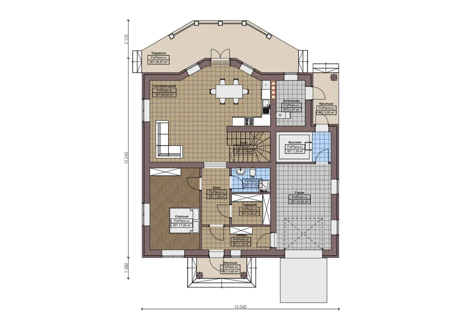 F-2699 - Планы двухэтажного дома 14 на 14, площадью 300 м² с террасой, балконом, гаражом на 1 машину, бассейном и 4 спальнями