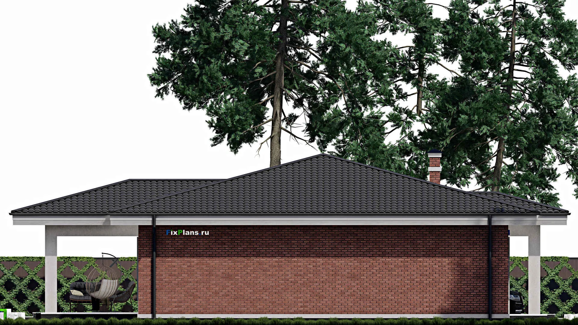 F-0917 - Проект одноэтажного дома 14 на 14, площадью 180 м² с террасой и 3 спальнями