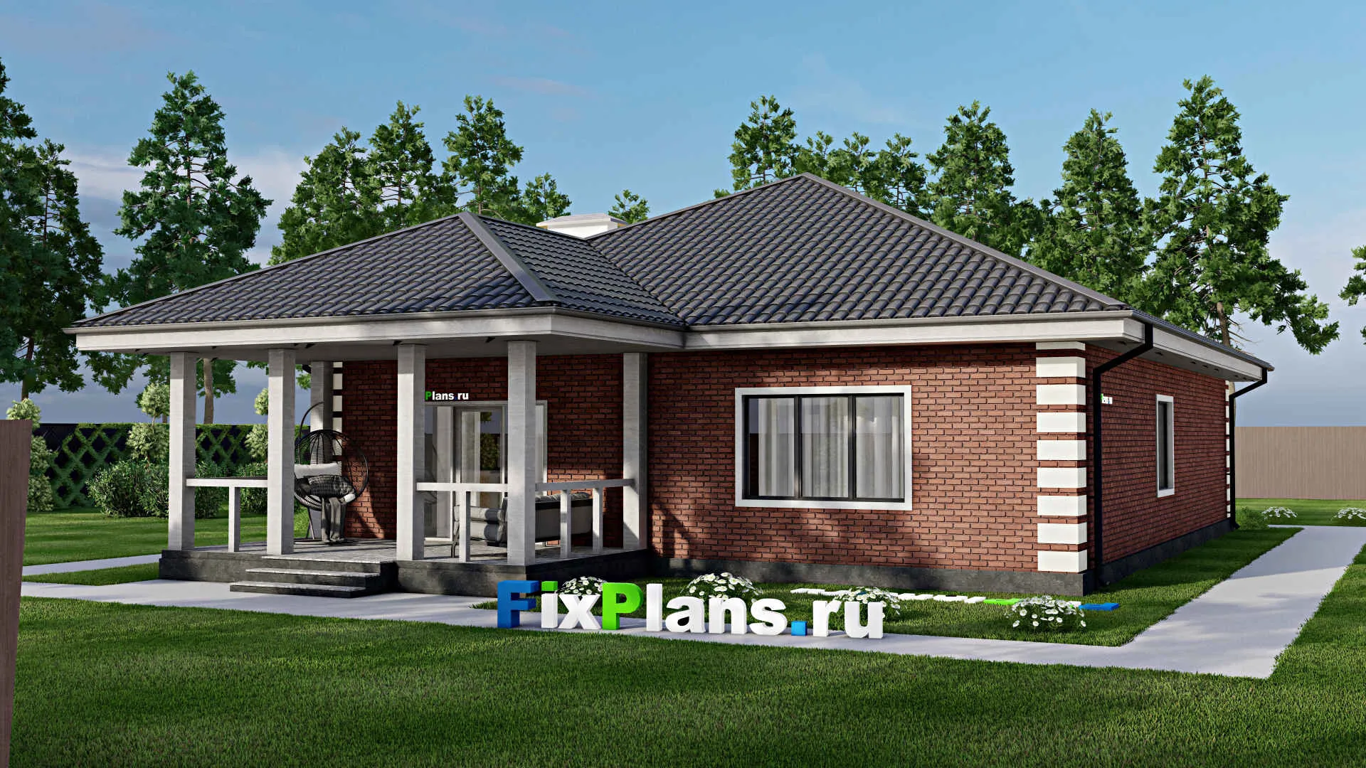 F-3212 - Проект одноэтажного дома 13 на 16, площадью 160 м² с террасой и 3 спальнями