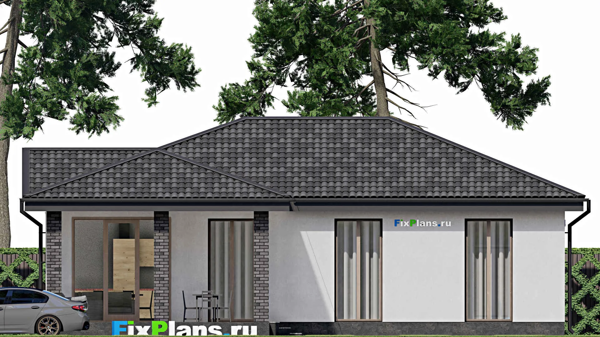 F-1727 - Проект одноэтажного дома 10 на 15, площадью 140 м² с террасой и 3 спальнями