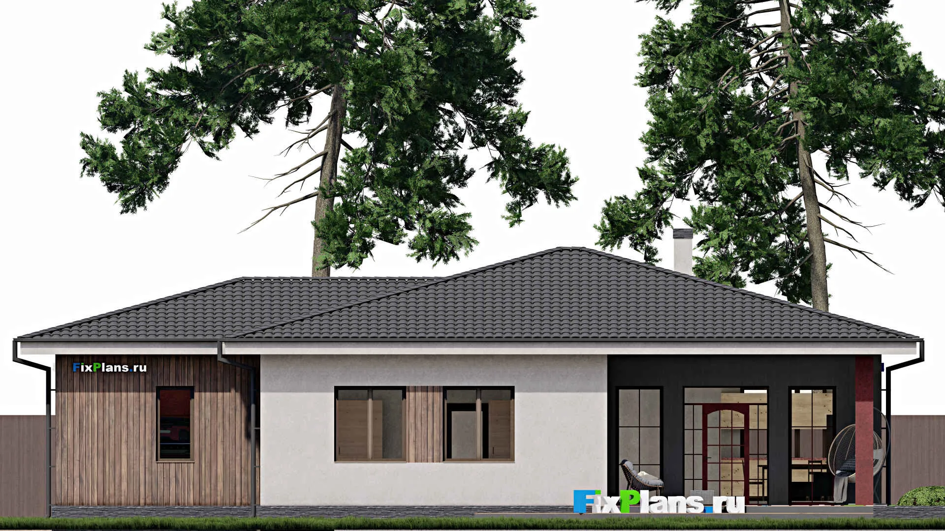 F-0350 - Проект одноэтажного дома 13 на 18, площадью 220 м² с террасой, гаражом на 1 машину и 3 спальнями