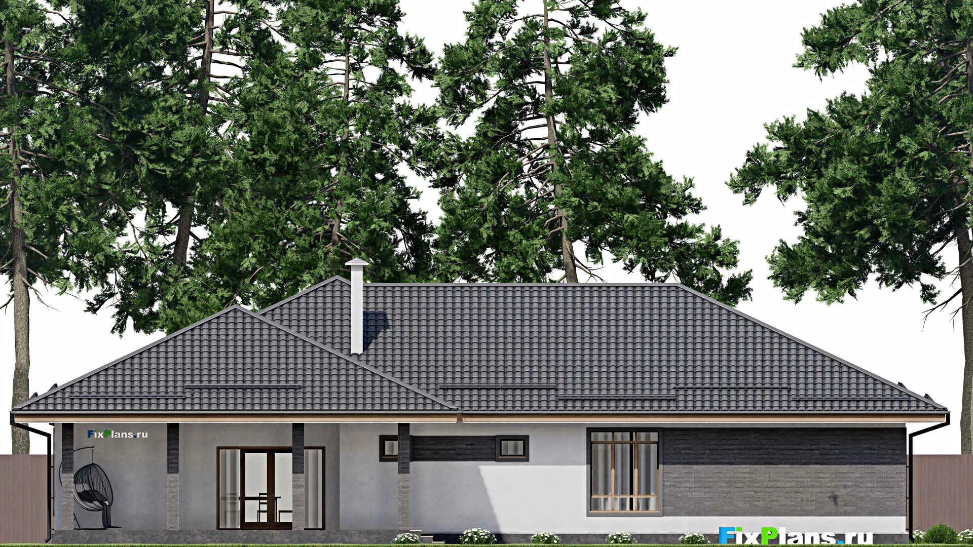 F-3743 - Проект одноэтажного дома 16 на 22, площадью 250 м² с террасой, гаражом на 2 машины и 4 спальнями