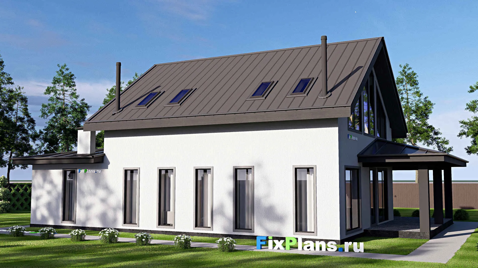 F-18917 - Проект дома с мансардой 14 на 21, площадью 320 м² с террасой, гаражом на 2 машины и 4 спальнями