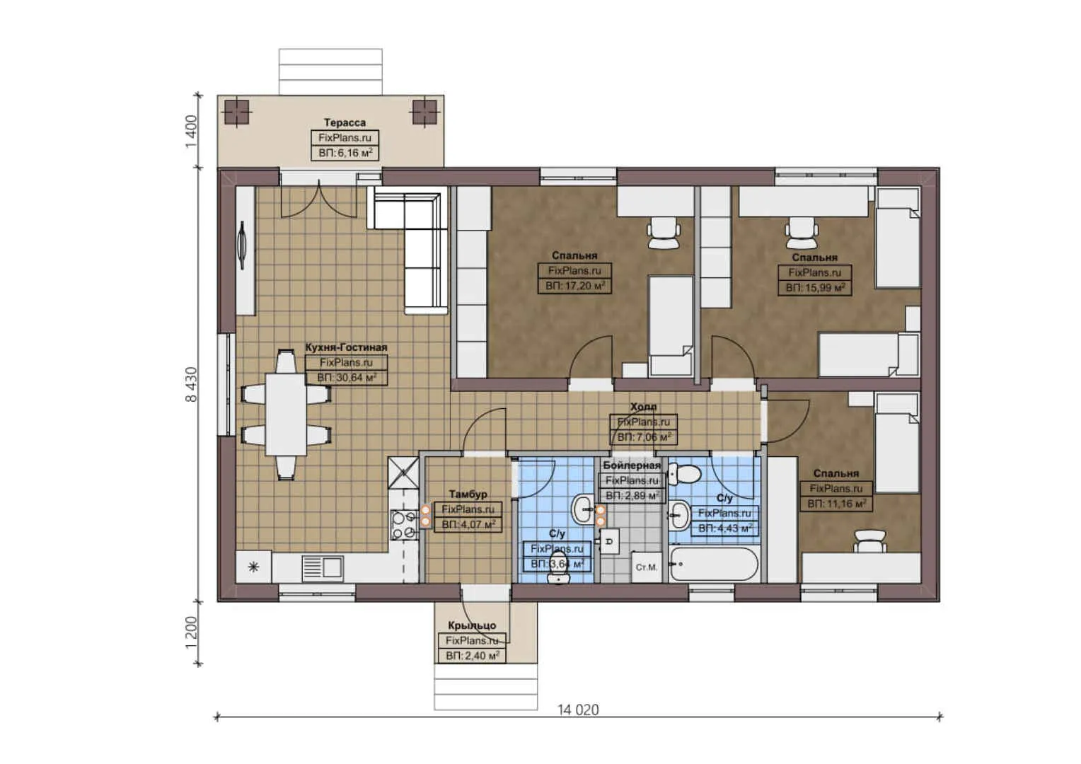 F-1052 - План одноэтажного дома 9 на 15, площадью 110 м² с террасой и 3 спальнями