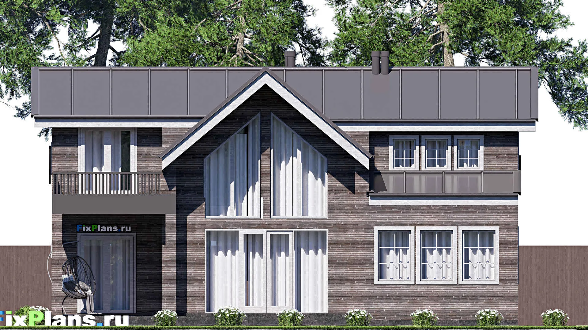 F-20411 - Планы дома с мансардой 14 на 15, площадью 240 м² с террасой, балконом, гаражом на 1 машину и 5 спальнями