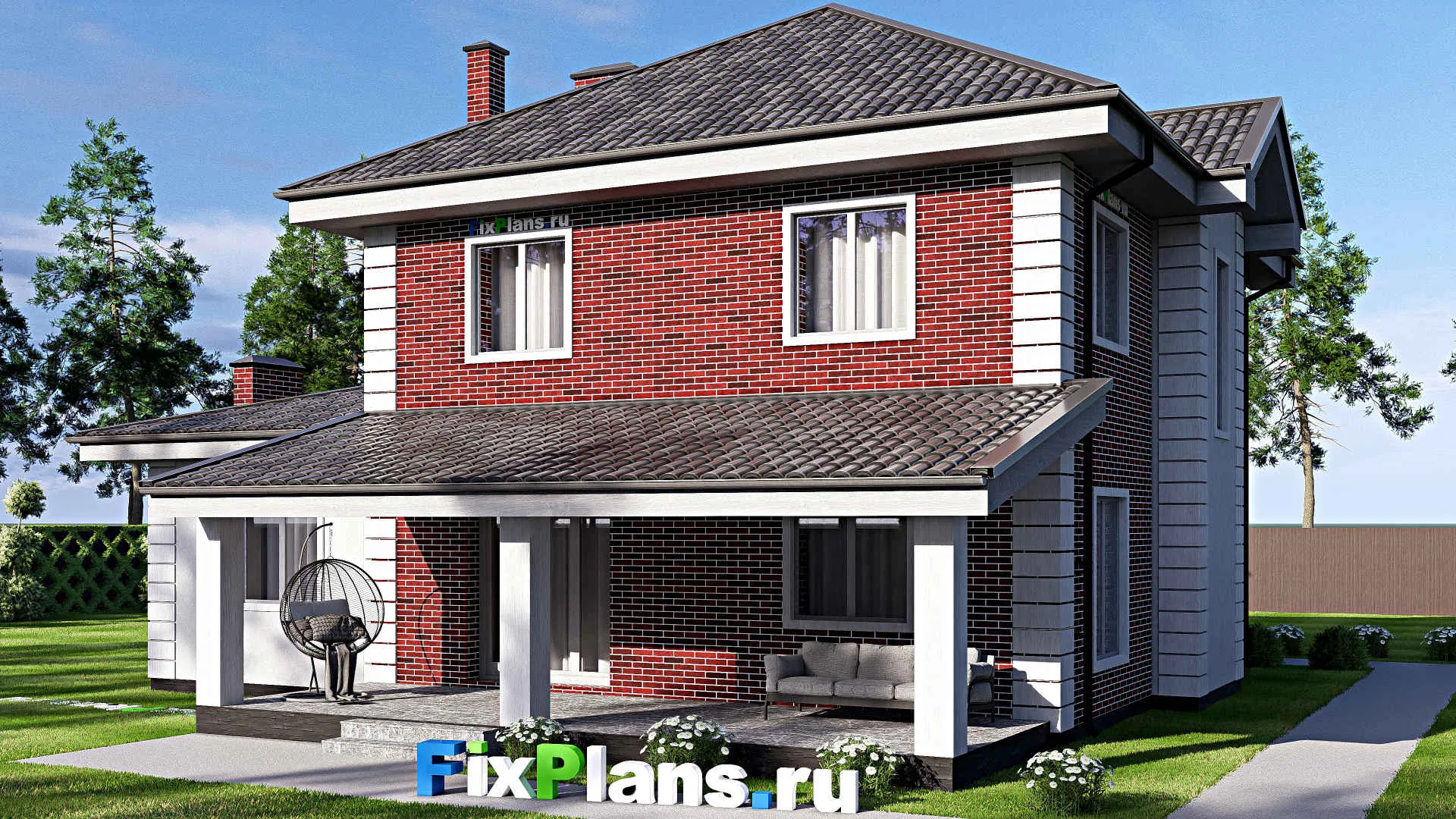 F-17315 - Проект двухэтажного дома 15 на 15, площадью 210 м² с террасой, гаражом на 1 машину и 4 спальнями