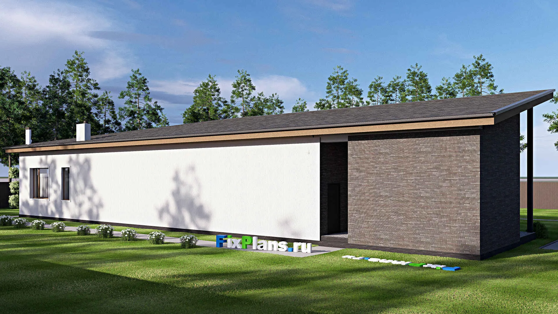 F-20006 - Проект одноэтажного дома 17 на 32, площадью 290 м² с террасой, баней и 3 спальнями