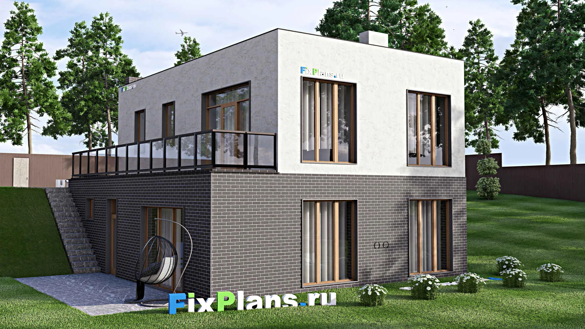 F-3527 - План одноэтажного дома 10 на 14, площадью 210 м² с террасой, цокольным этажом, баней и 2 спальнями