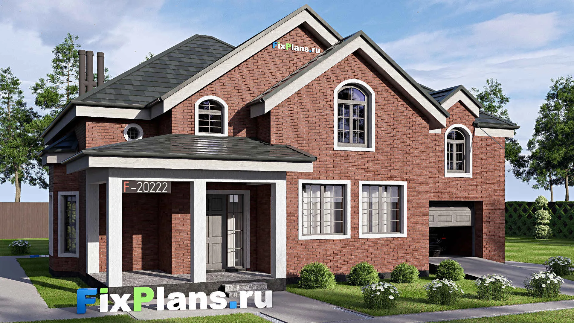 F-20222 - Проект дома с мансардой 13 на 15, площадью 220 м² с гаражом на 1 машину и 3 спальнями