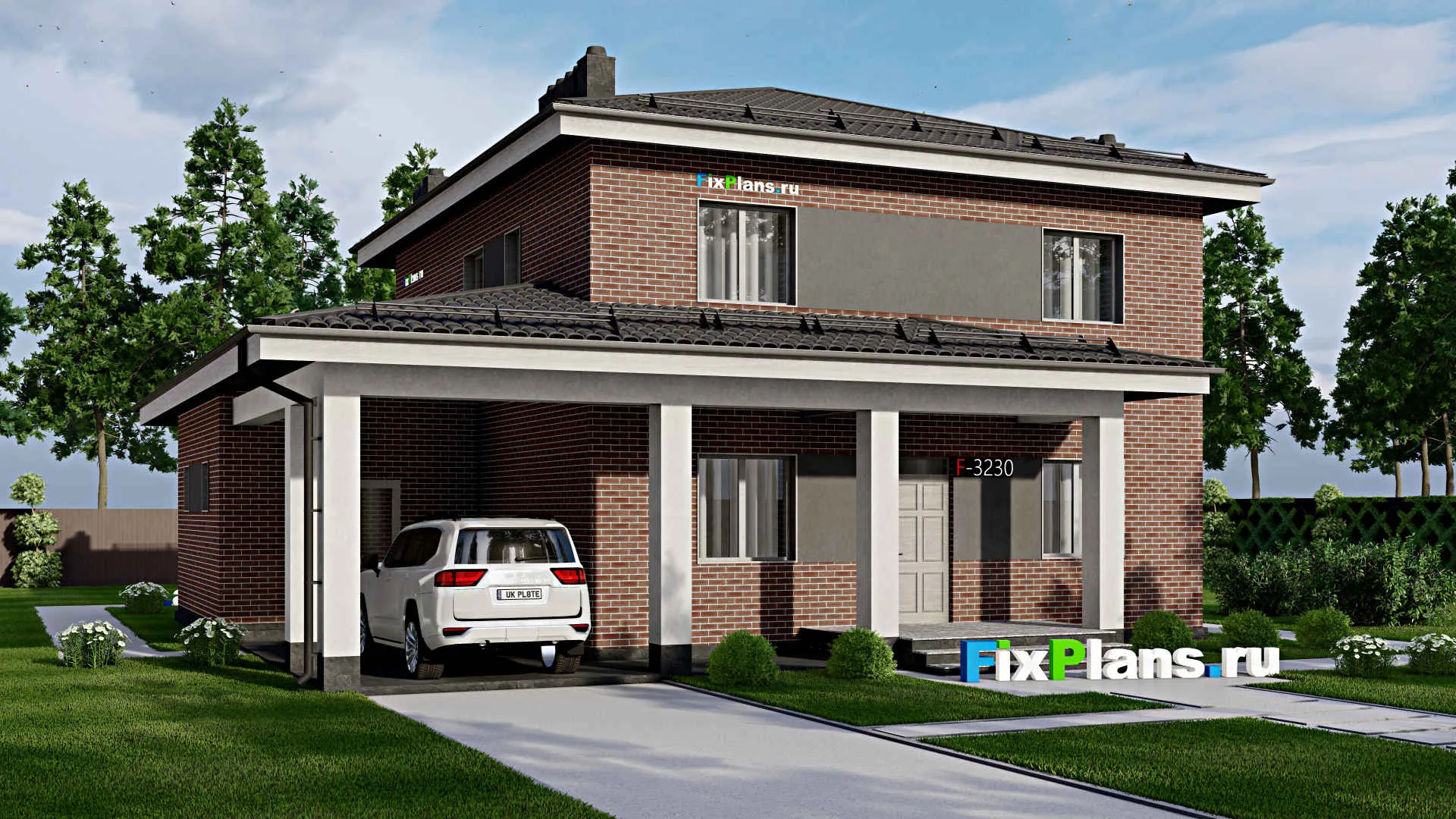 F-3230 - Проект двухэтажного дома 12 на 15, площадью 220 м² с террасой и 3 спальнями