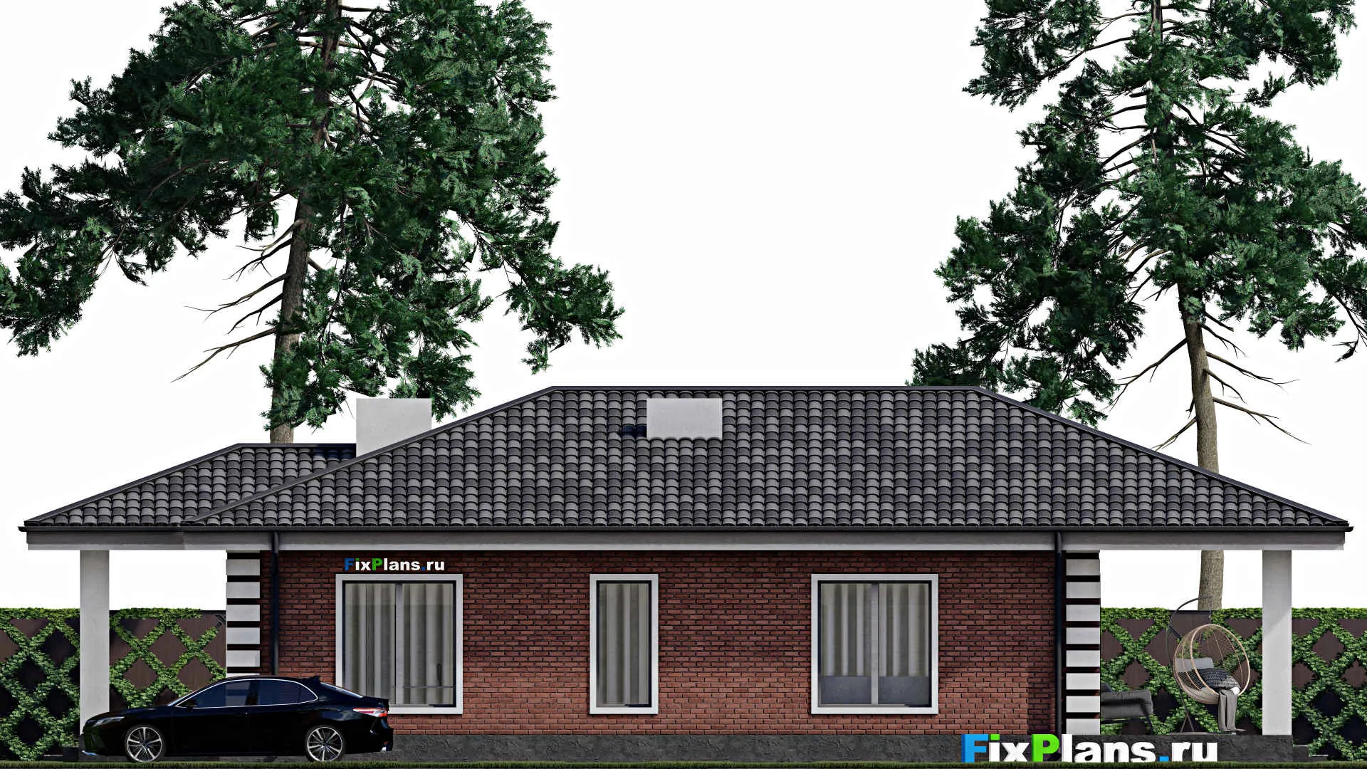 F-1655 - План одноэтажного дома 10 на 14, площадью 150 м² с террасой и 3 спальнями