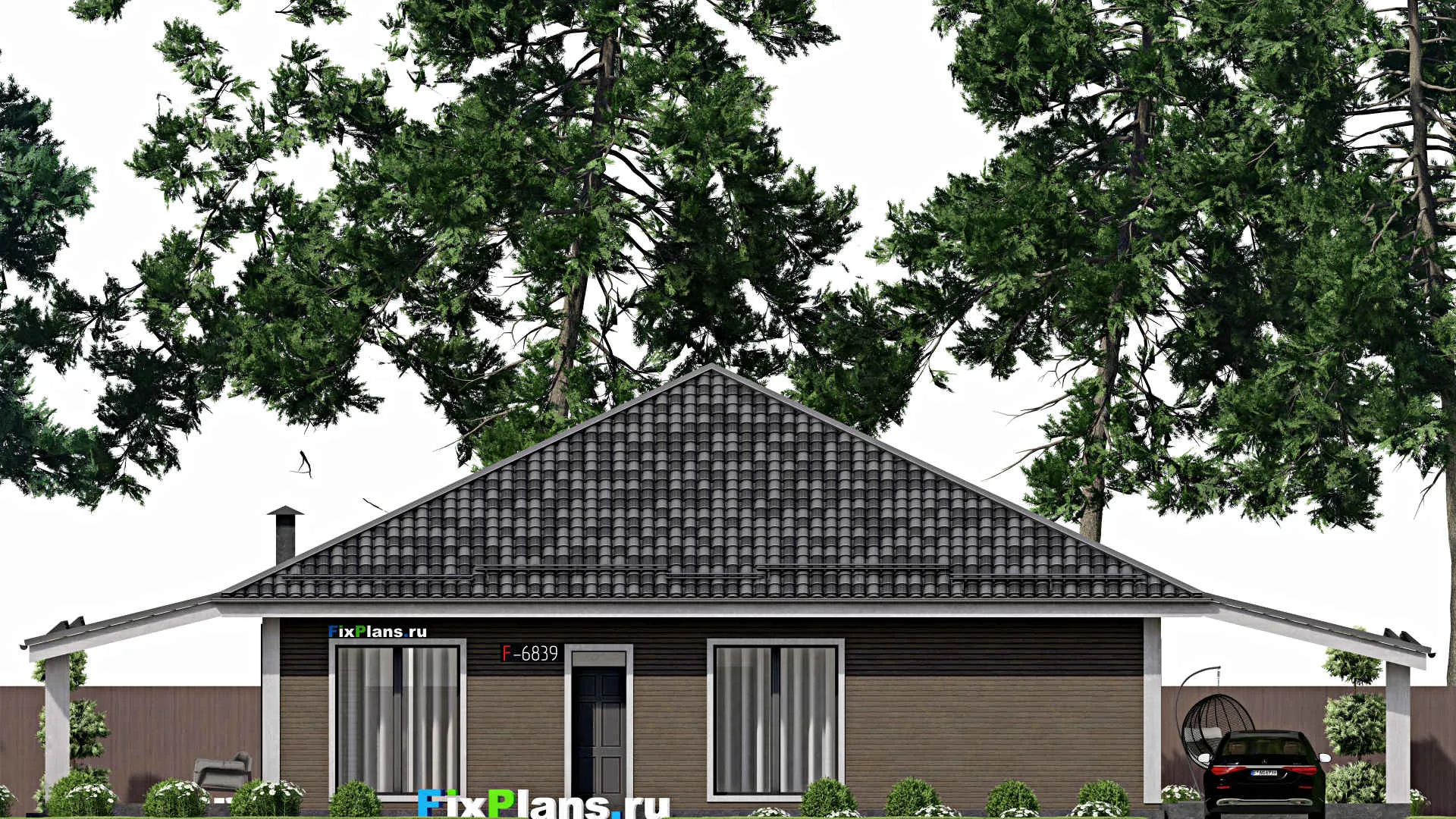 F-6839 - План одноэтажного дома 14 на 14, площадью 270 м² с террасой и 3 спальнями