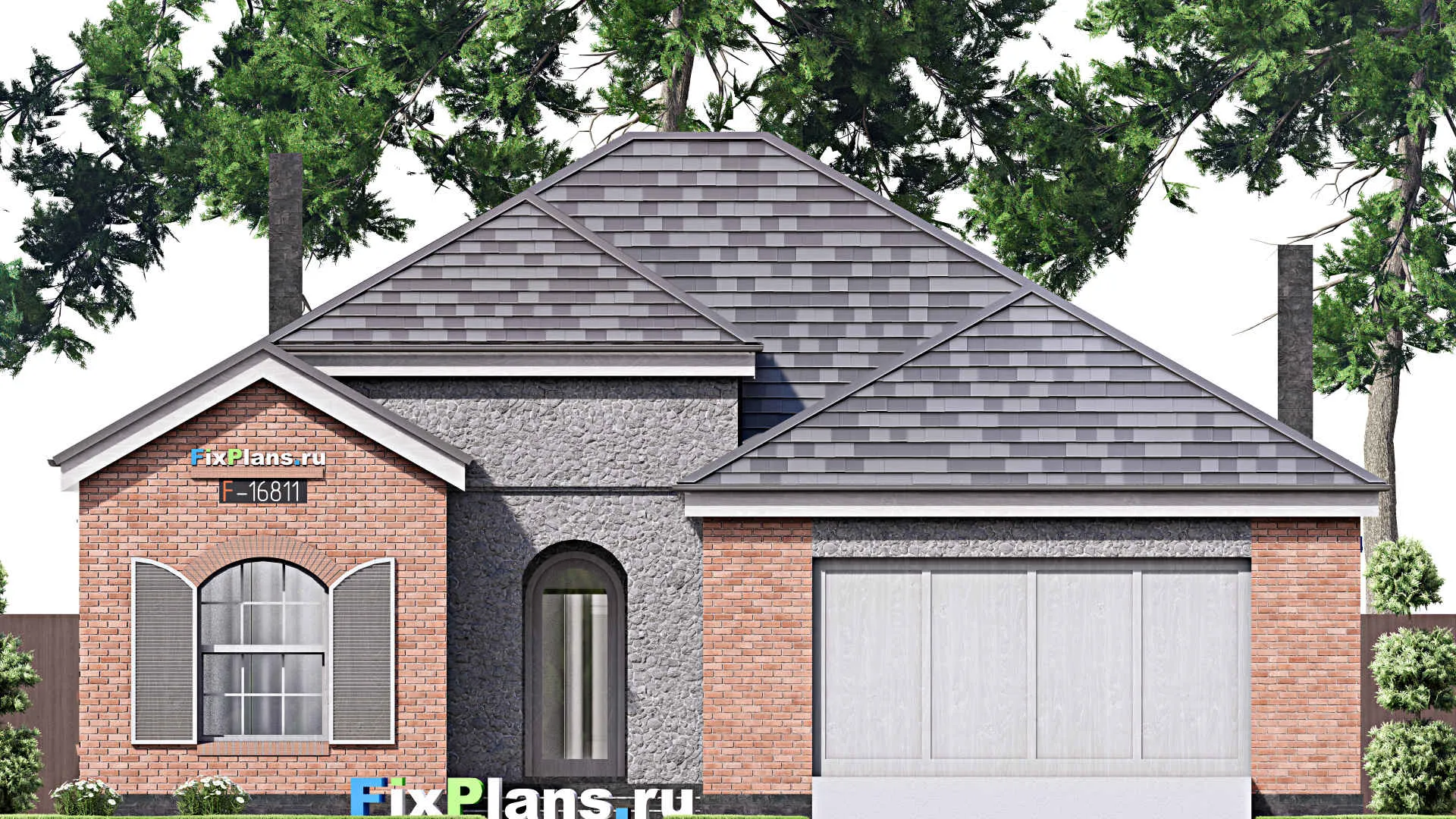 F-16811 - Проект одноэтажного дома 15 на 24, площадью 220 м² с террасой, гаражом на 2 машины и 3 спальнями