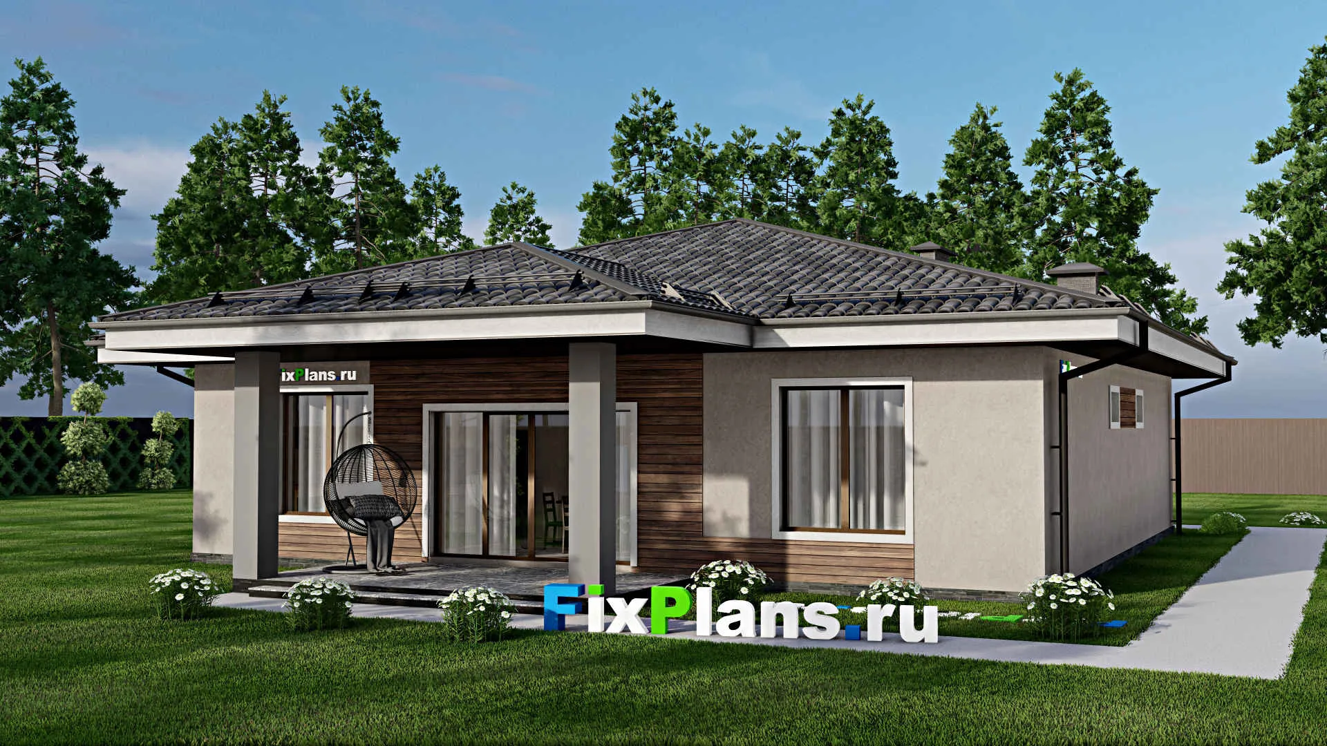 F-10286 - План одноэтажного дома 18 на 20, площадью 190 м² с террасой, гаражом на 1 машину и 4 спальнями