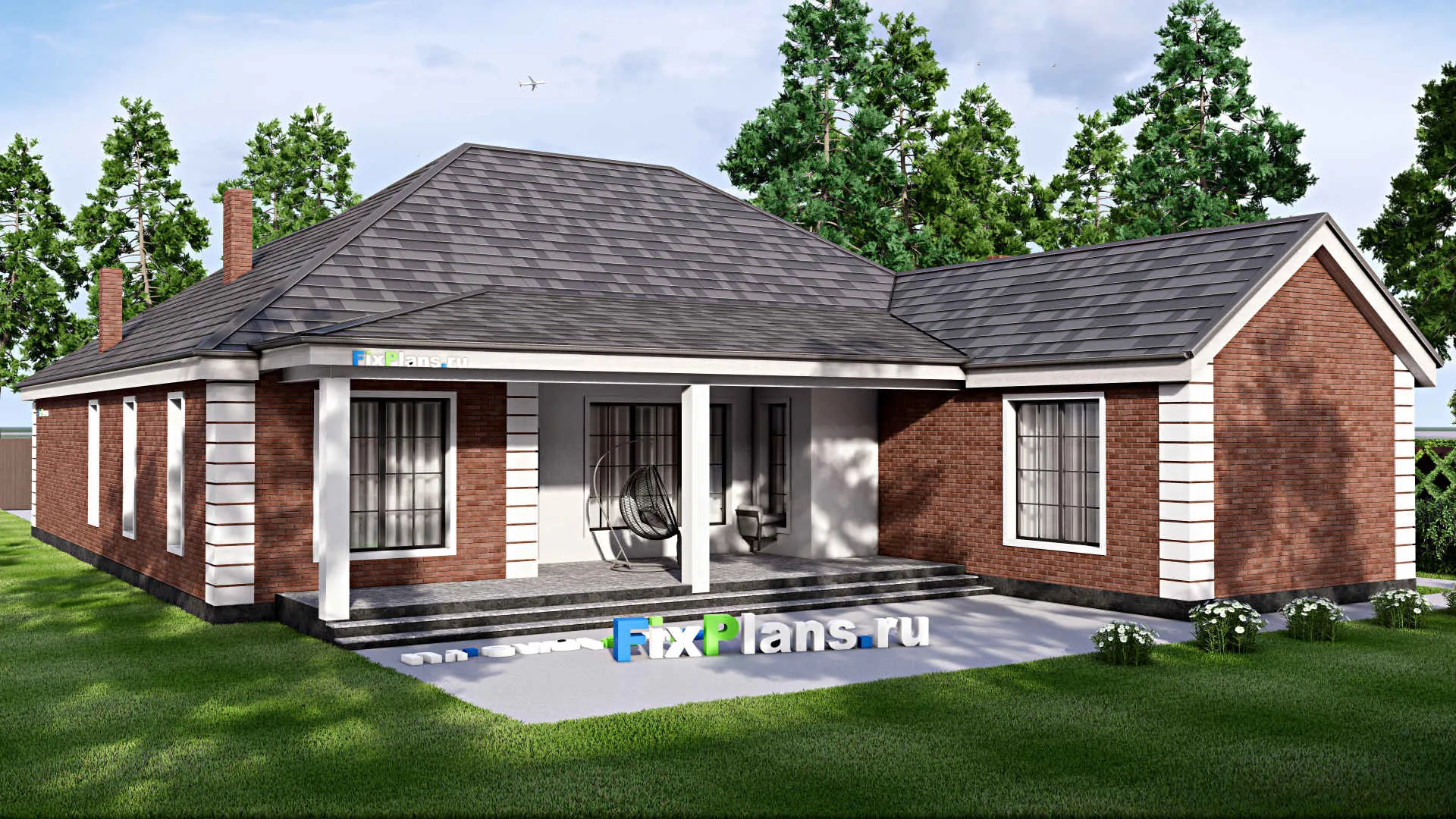 F-16766 - Проект одноэтажного дома 18 на 26, площадью 300 м² с террасой, гаражом на 2 машины и 3 спальнями