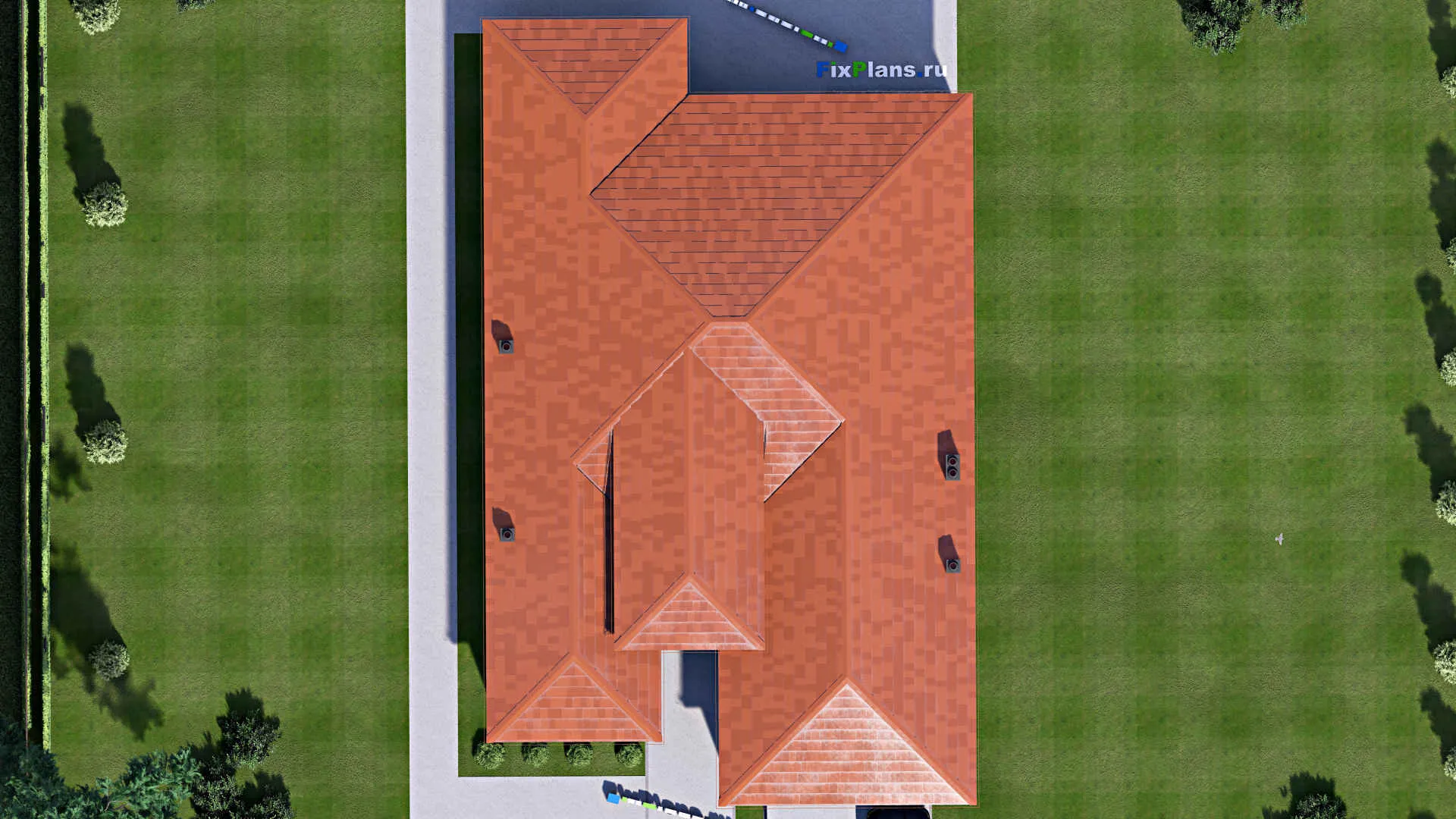 F-16856 - Проект одноэтажного дома 15 на 24, площадью 240 м² с террасой, гаражом на 2 машины и 4 спальнями