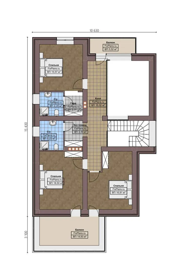 F-2924 - Планы дома с мансардой 11 на 19, площадью 240 м² с террасой, балконом, гаражом на 1 машину и 3 спальнями