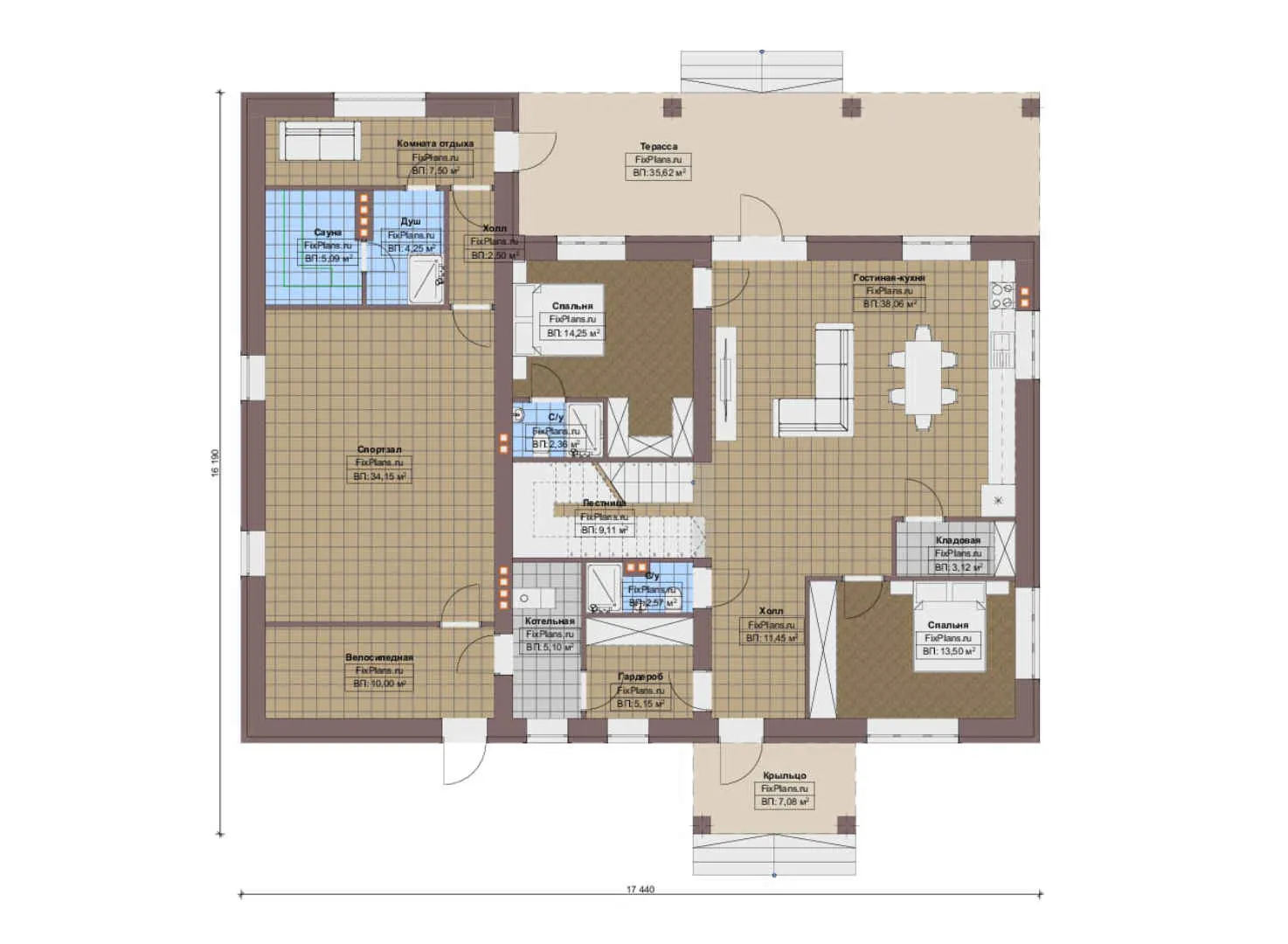 F-14543 - Планы двухэтажного дома 17 на 18, площадью 310 м² с террасой, баней, спортзалом и 6 спальнями