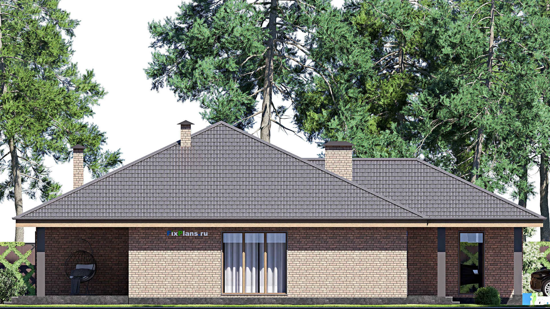 F-17738 - Проект одноэтажного дома 17 на 20, площадью 210 м² с террасой, гаражом на 2 машины и 3 спальнями