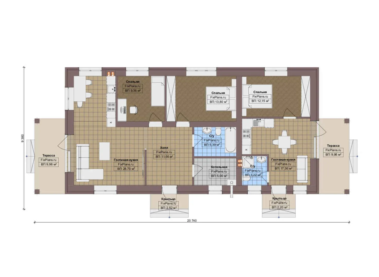 F-12500 - План одноэтажного дома 10 на 21, площадью 140 м² с террасой и 3 спальнями