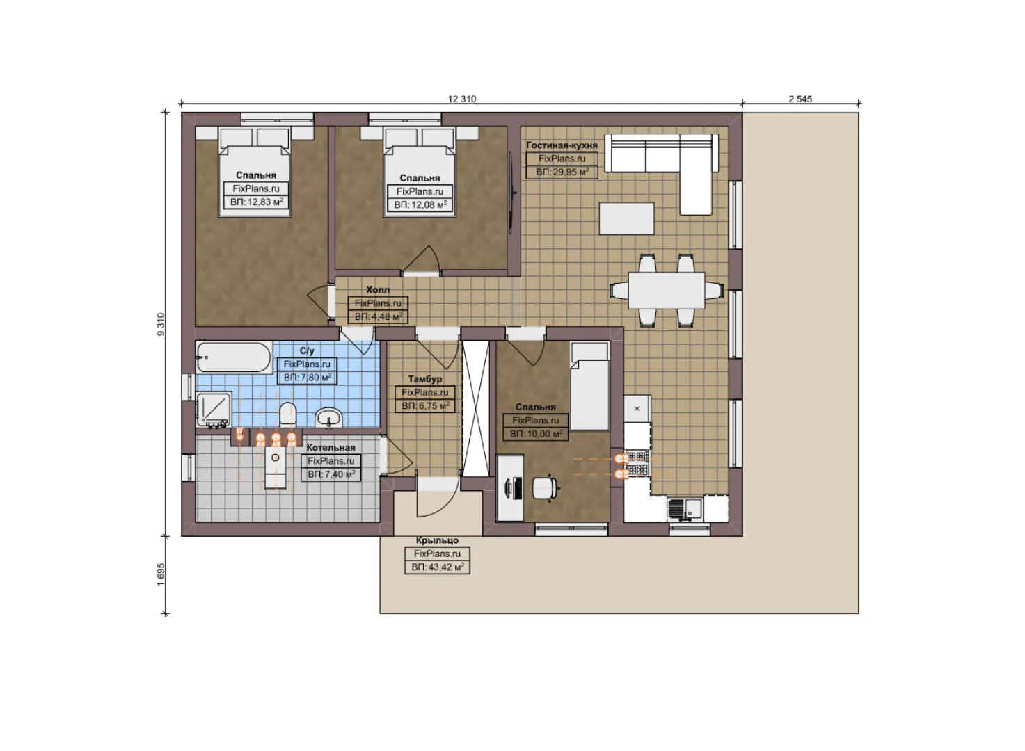 F-6614 - План одноэтажного дома 10 на 13, площадью 140 м² с 3 спальнями