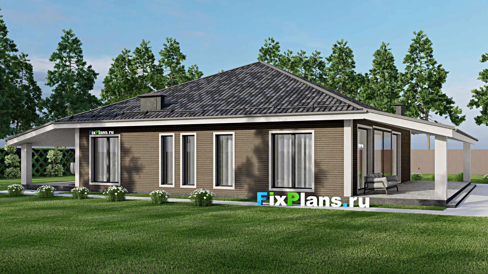 F-6839 - План одноэтажного дома 14 на 14, площадью 270 м² с террасой и 3 спальнями