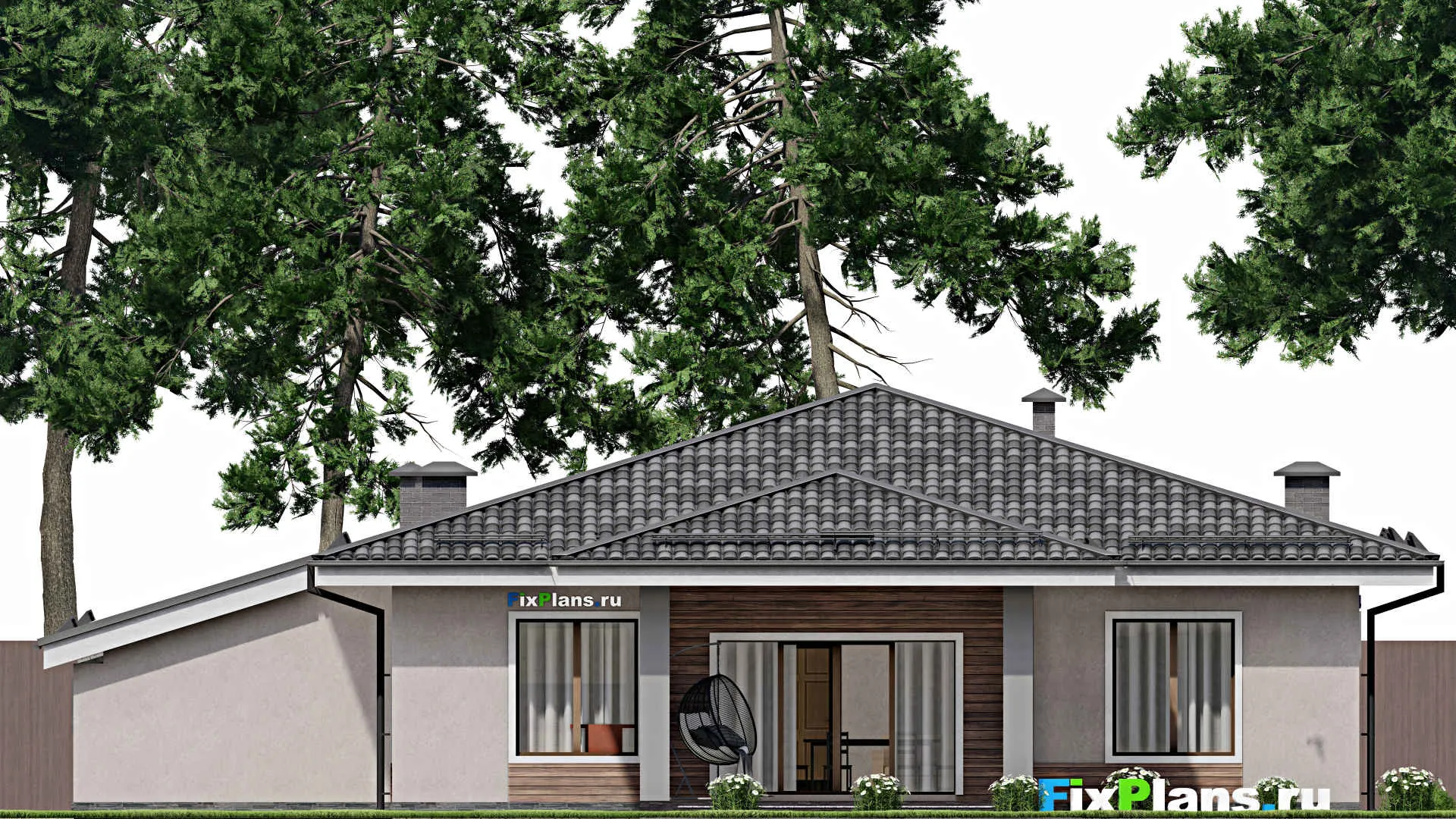 F-10286 - План одноэтажного дома 18 на 20, площадью 190 м² с террасой, гаражом на 1 машину и 4 спальнями