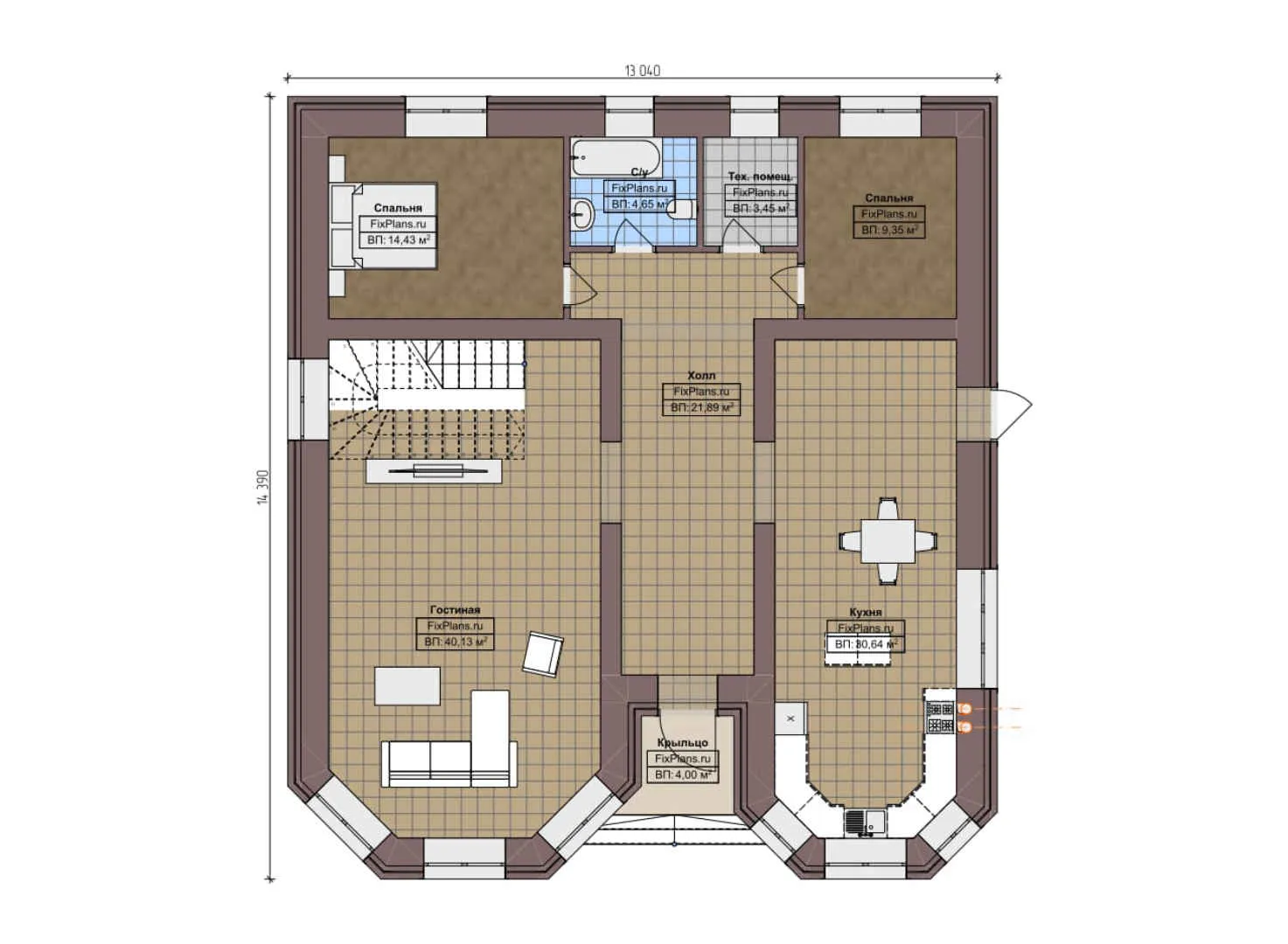 F-6515 - Планы двухэтажного дома 14 на 15, площадью 230 м² с балконом и 6 спальнями