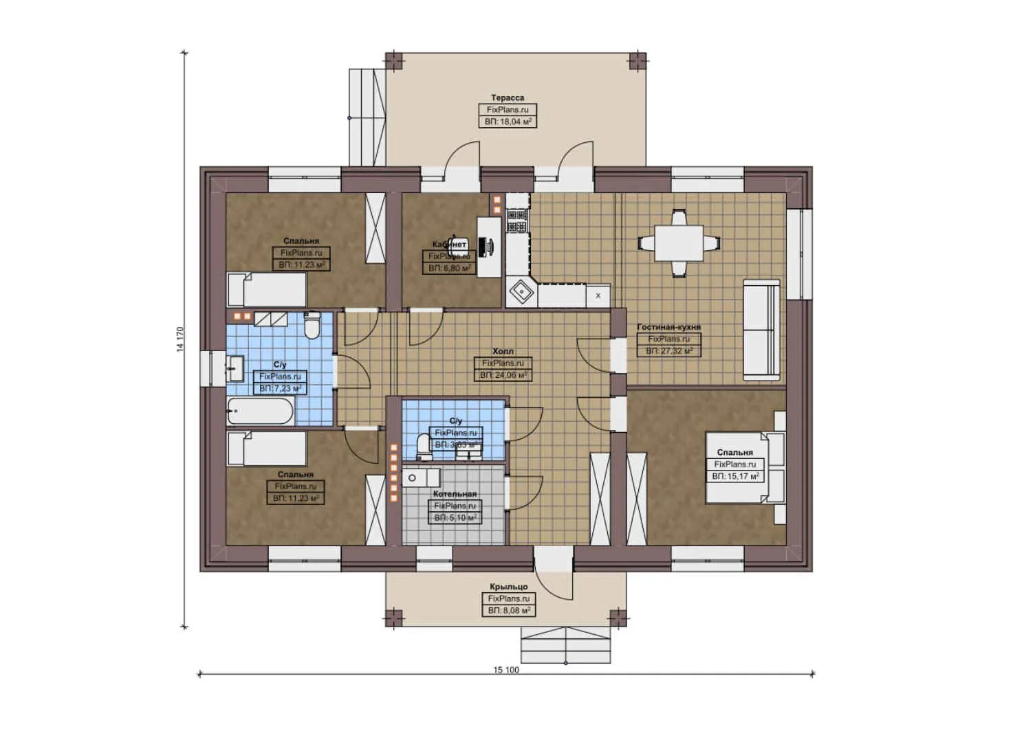 F-11078 - План одноэтажного дома 15 на 16, площадью 140 м² с террасой и 3 спальнями