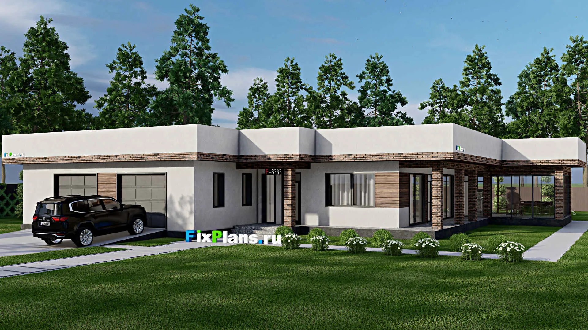 F-8333 - Проект одноэтажного дома 22 на 25, площадью 300 м² с террасой, баней, гаражом на 2 машины и 2 спальнями
