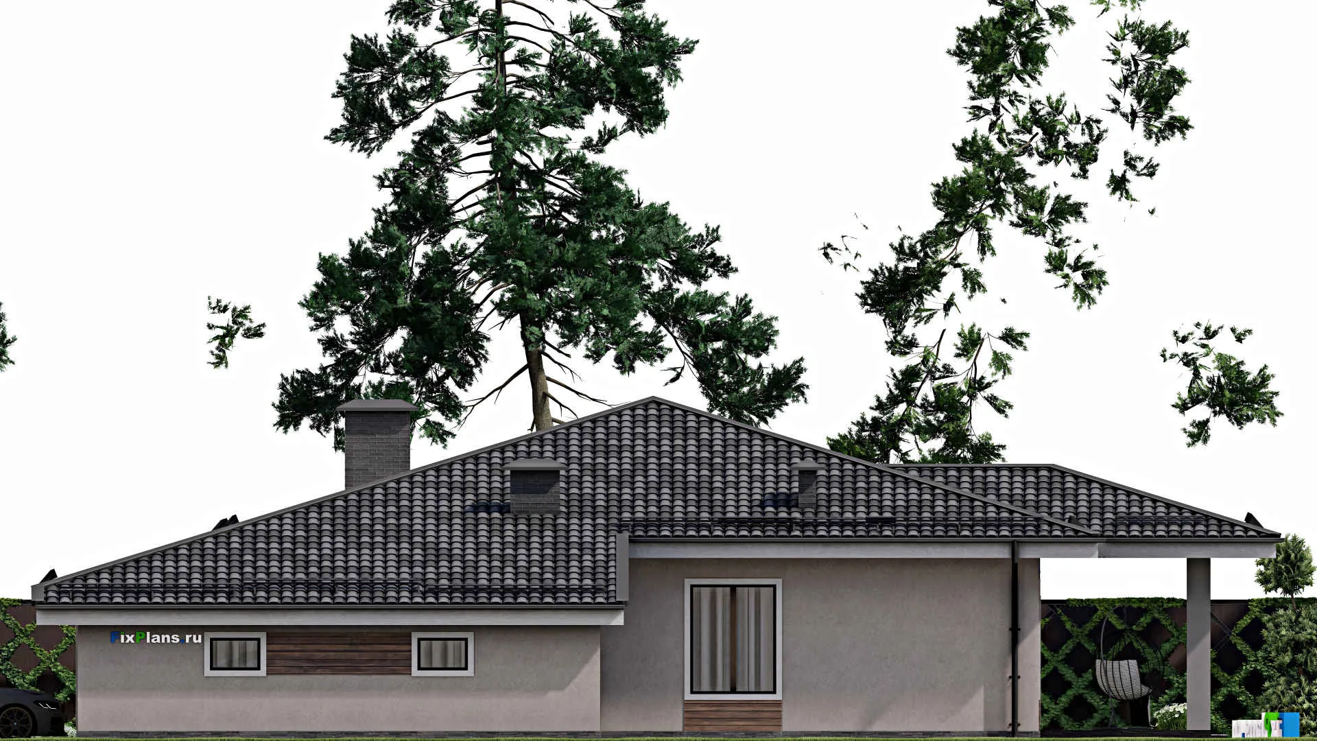 F-10286 - План одноэтажного дома 18 на 20, площадью 190 м² с террасой, гаражом на 1 машину и 4 спальнями