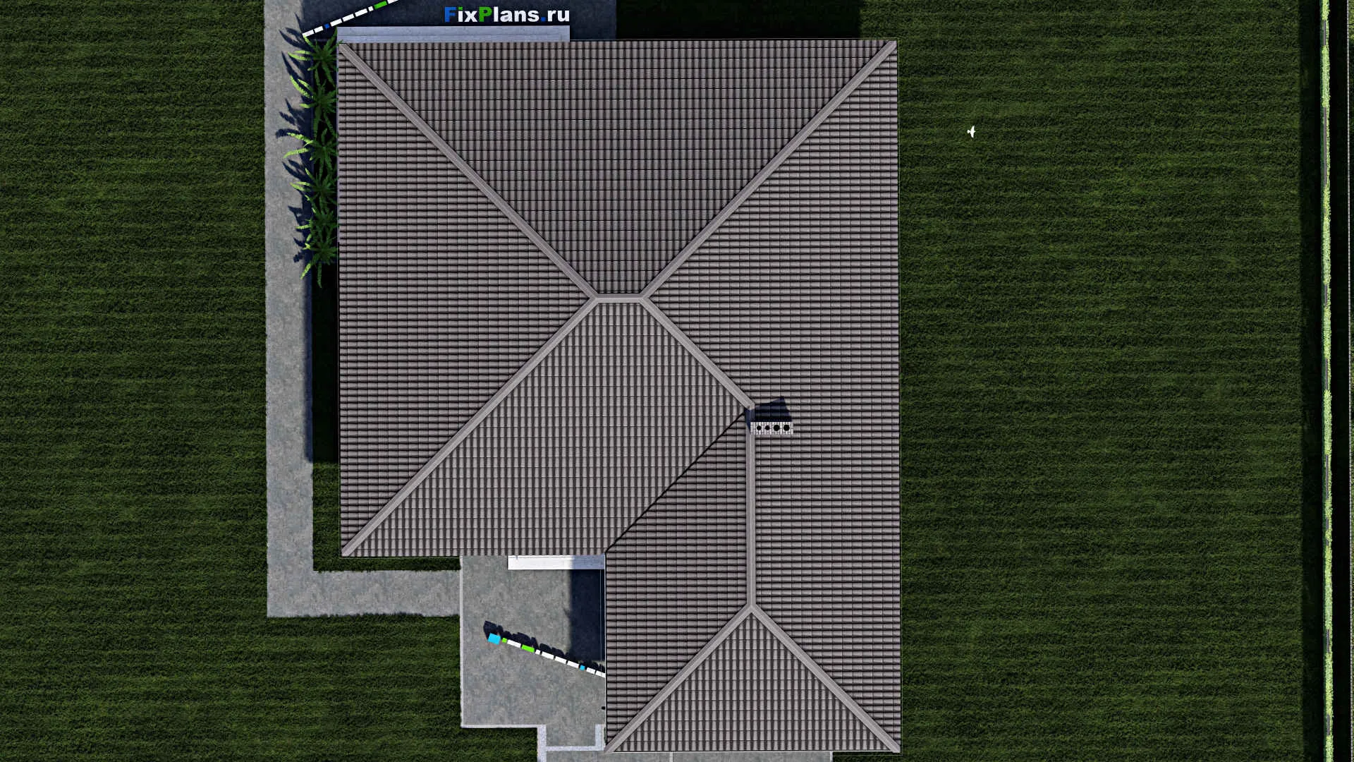 F-0647 - План одноэтажного дома 16 на 21, площадью 230 м² с террасой, гаражом на 2 машины и 3 спальнями