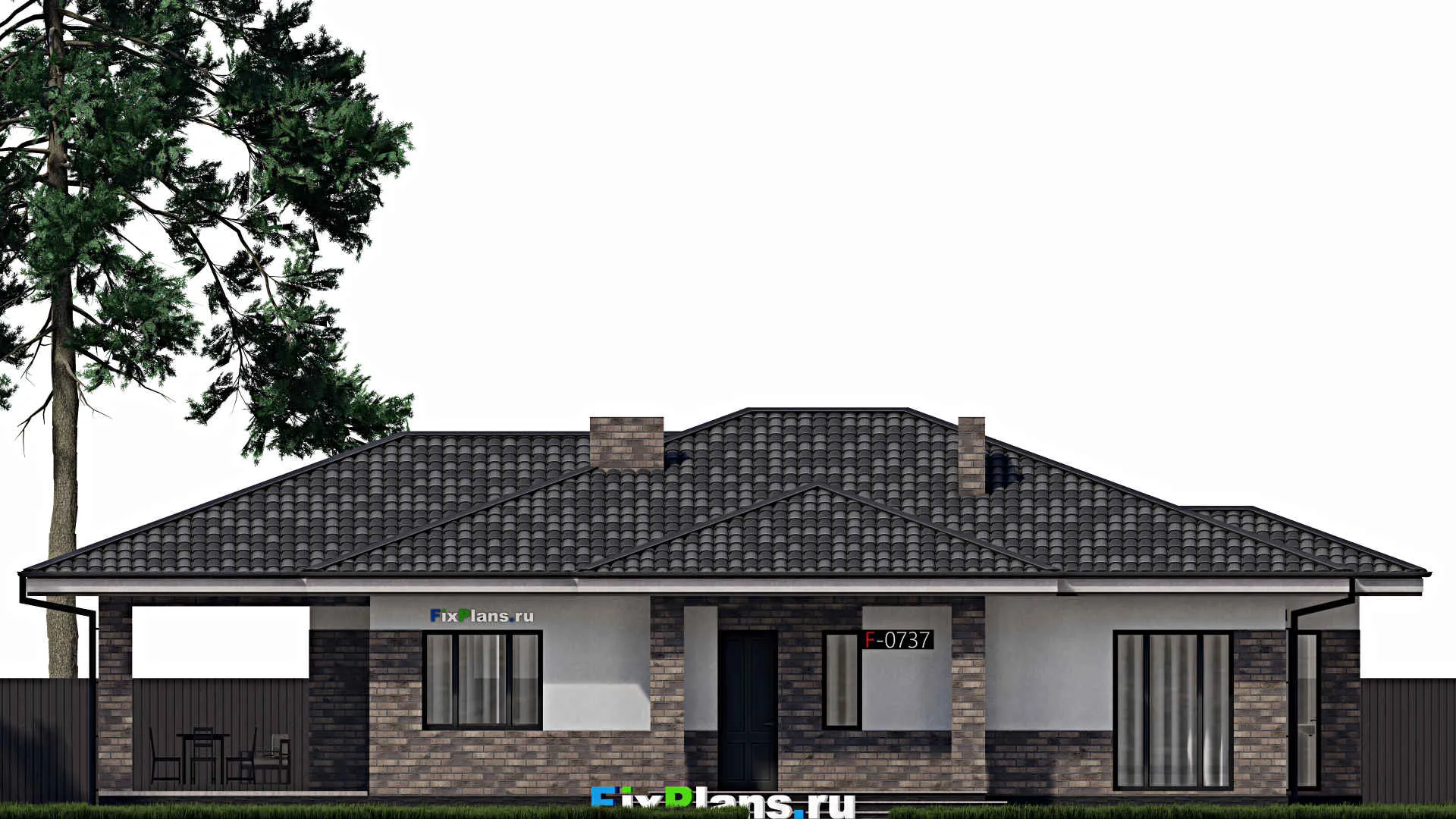 F-0737 - Проект одноэтажного дома 12 на 16, площадью 160 м² с террасой и 3 спальнями