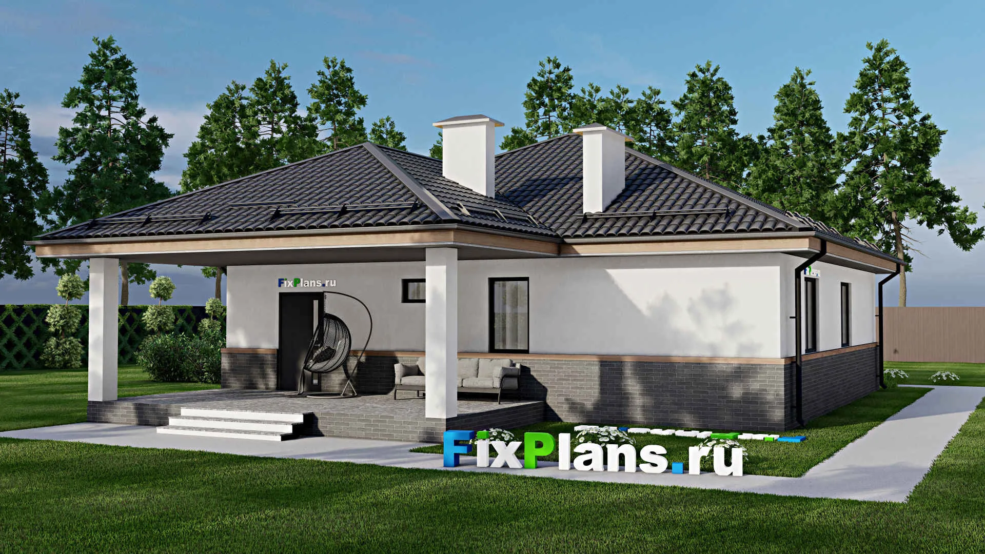 F-3617 - Проект одноэтажного дома 12 на 13, площадью 160 м² с террасой и 3 спальнями